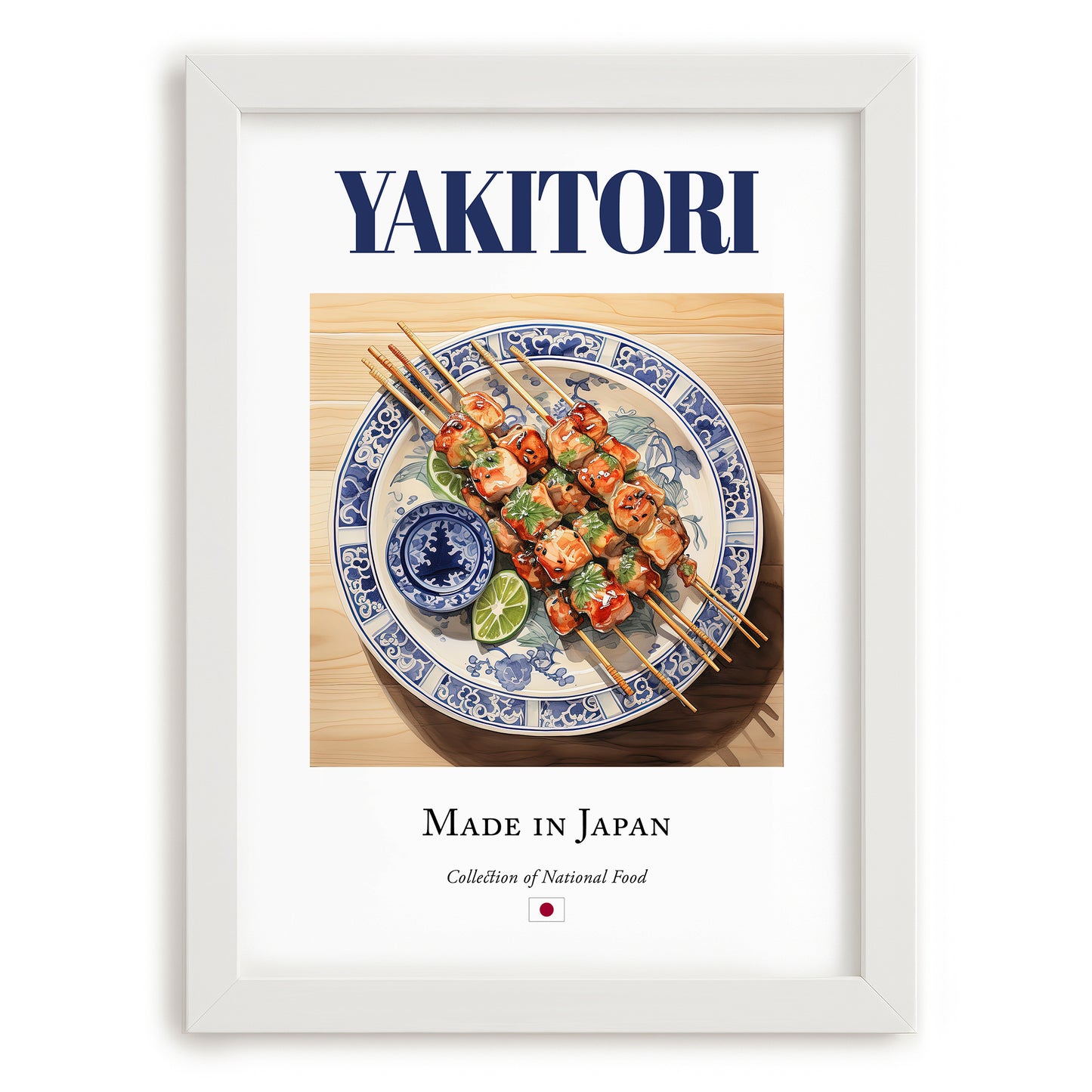 Yakitori – Japanese Dish, Café Wall Art, placed in minimal white frame