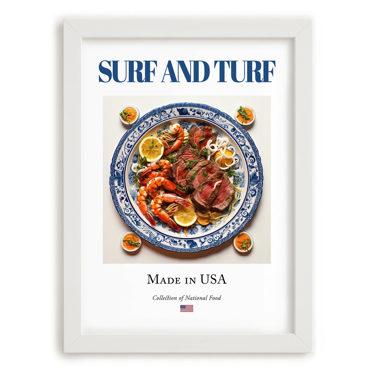 Surf and Turf – American Meat Dish, Tavern Wall Decor, placed in minimal white frame