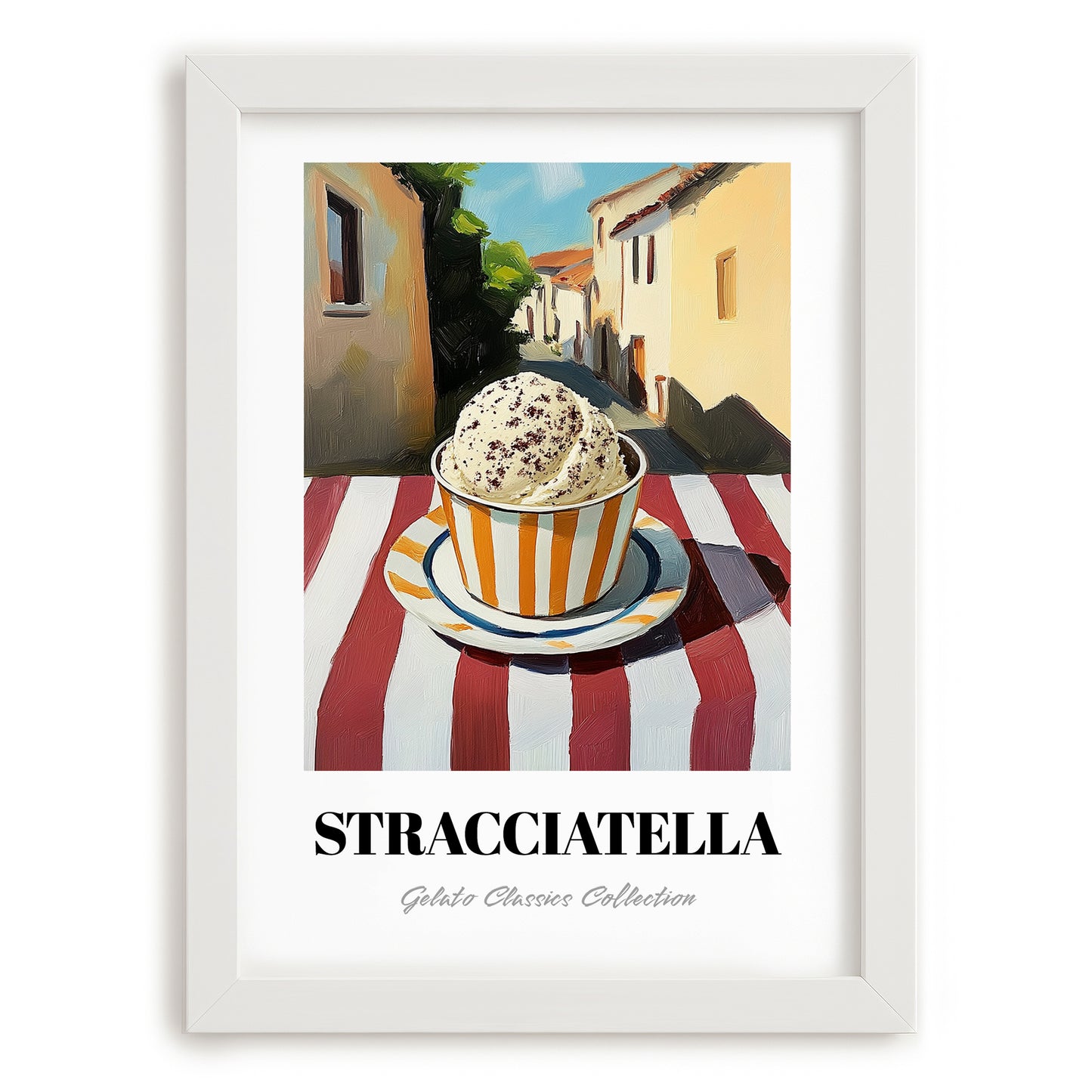 Gelato Stracciatella – Italian Urban Café Scene, Gelato Wall Illustration, placed in minimal white frame