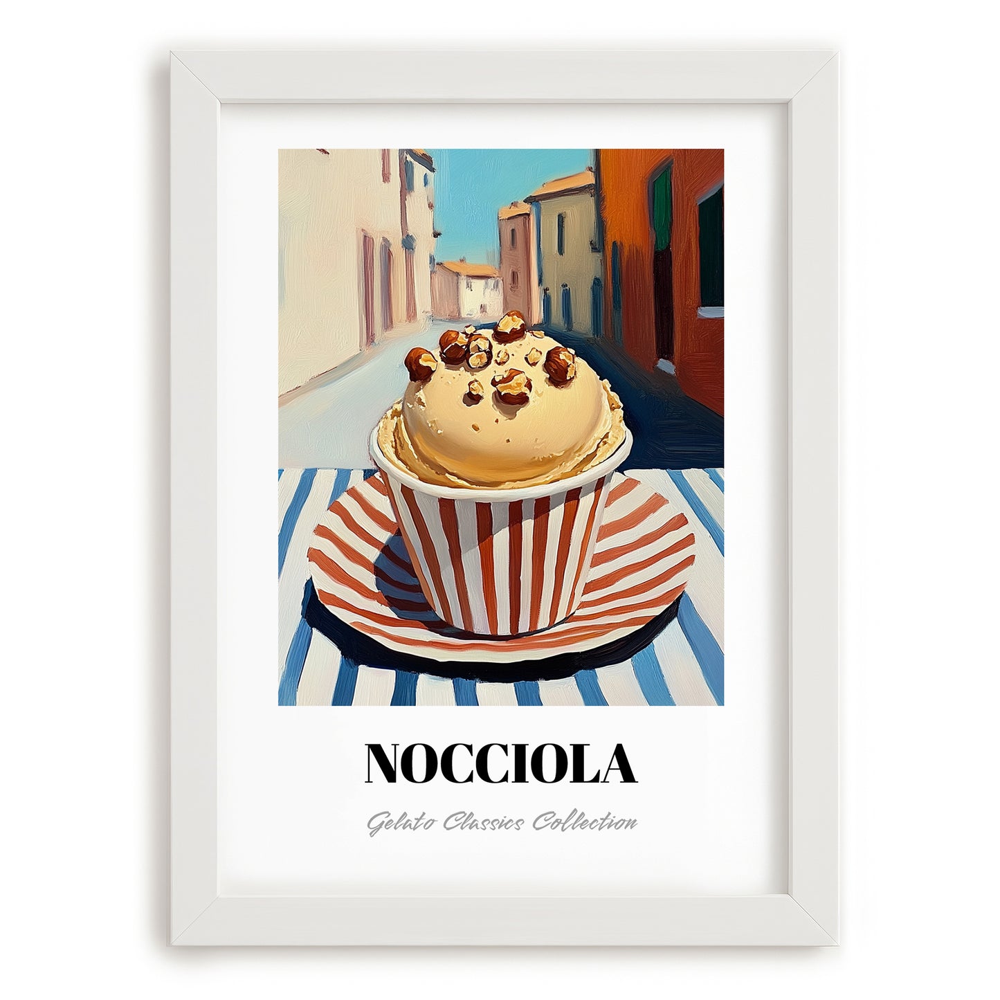 Gelato Nocciola – Italian Outdoor Café Scene, Gelato Poster, placed in minimal white frame