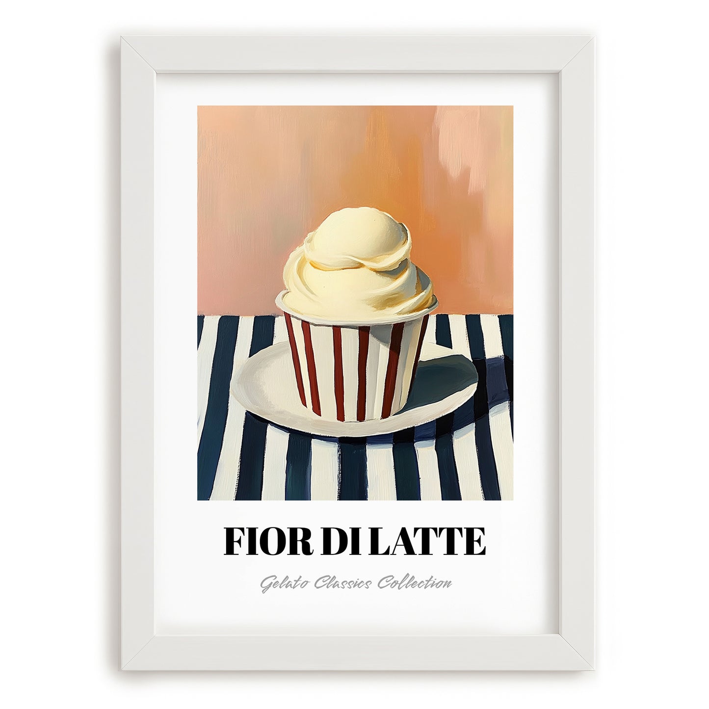 Fior Di Latte – on Striped Tablecloth, Gelato Illustration, placed in minimal white frame