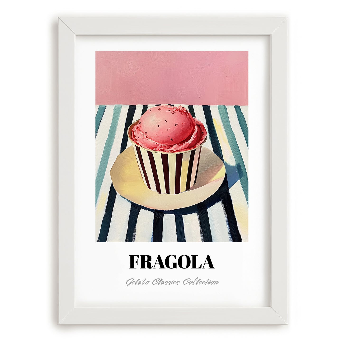 Fragola – on Striped Tablecloth, Gelato Still Life, placed in minimal white frame