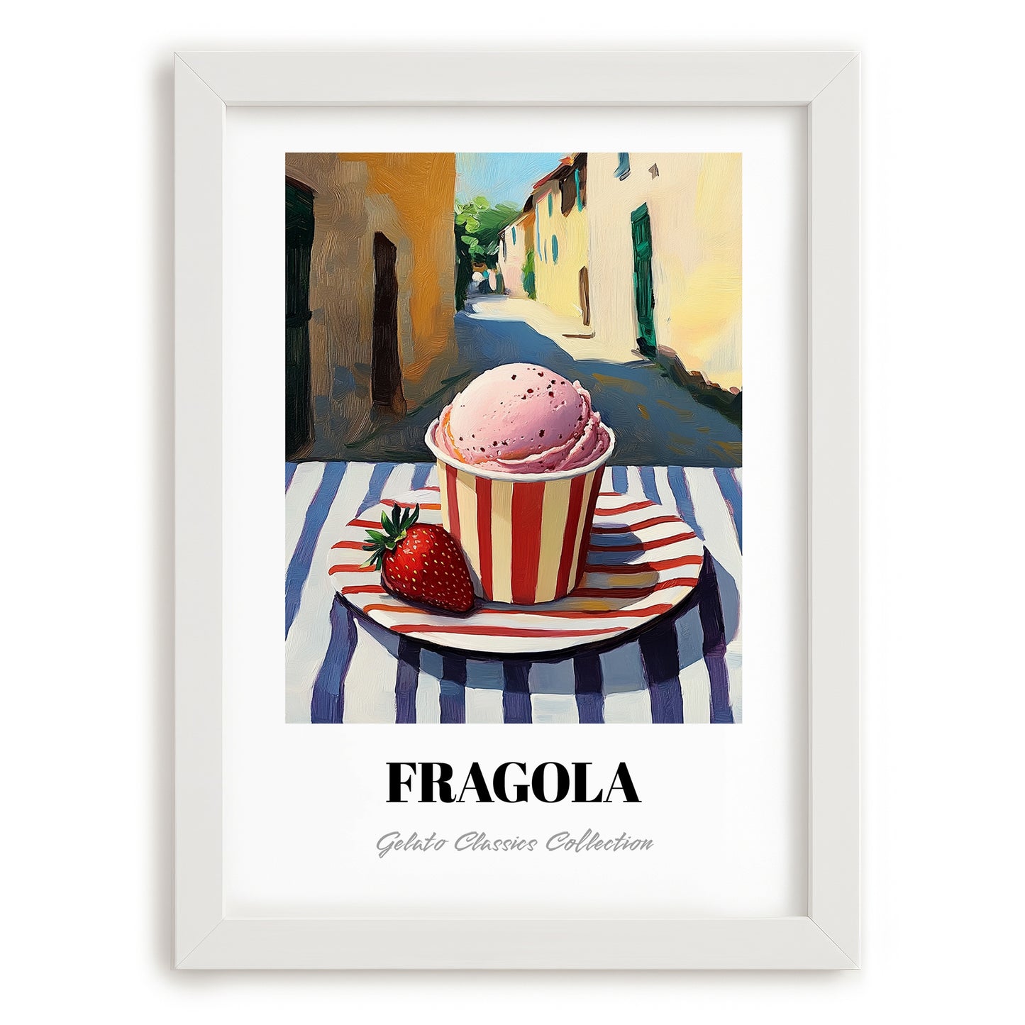Gelato Fragola – Italian Outdoor Café Scene, Gelato Illustration, placed in minimal white frame