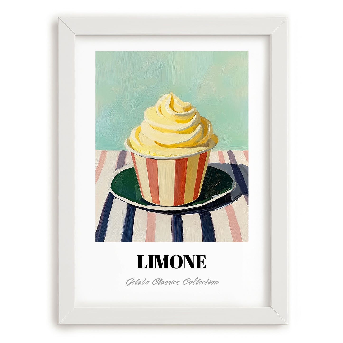 Limone – on Striped Tablecloth, Gelato Wall Painting, placed in minimal white frame