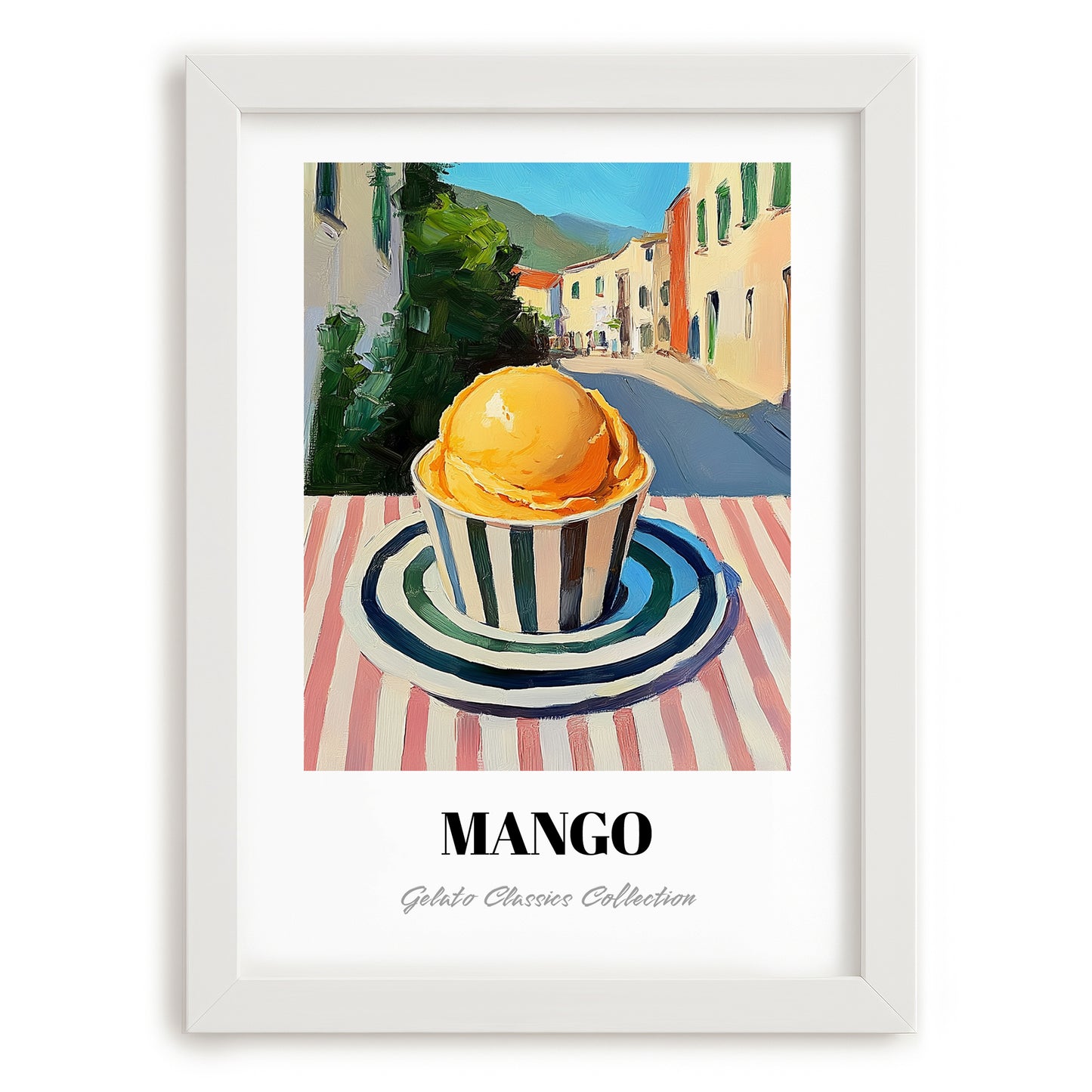 Gelato Mango – Italian Street Café Scene, Gelato Wall Art, placed in minimal white frame