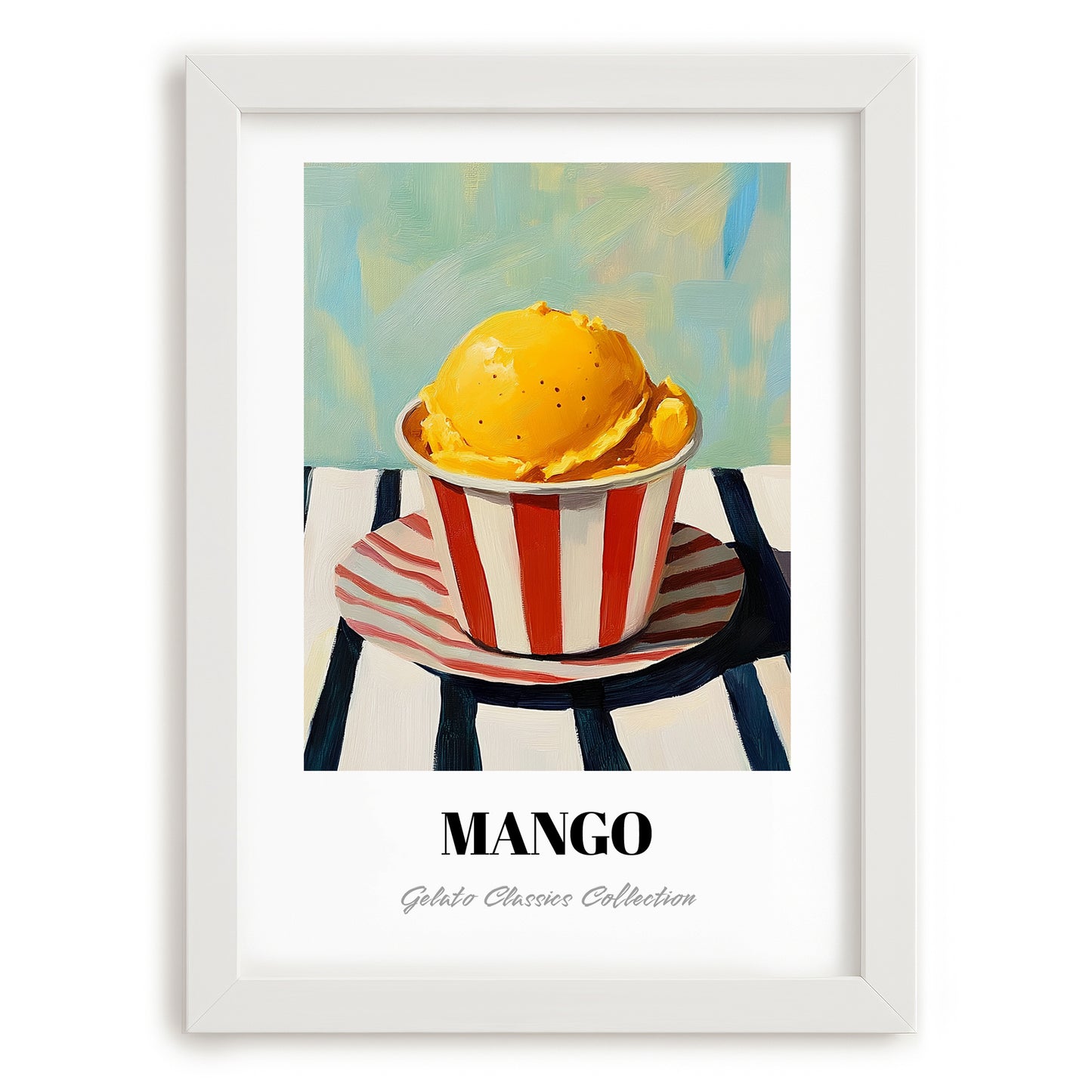 Mango – on Striped Tablecloth, Gelato Wall Poster, placed in minimal white frame