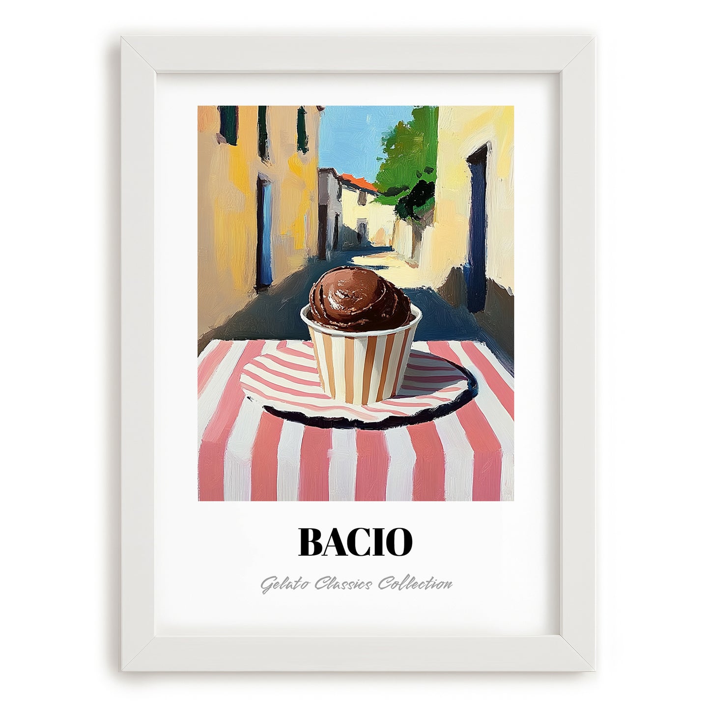 Gelato Bacio – Italian Street Café Scene, Gelato Poster, placed in minimal white frame