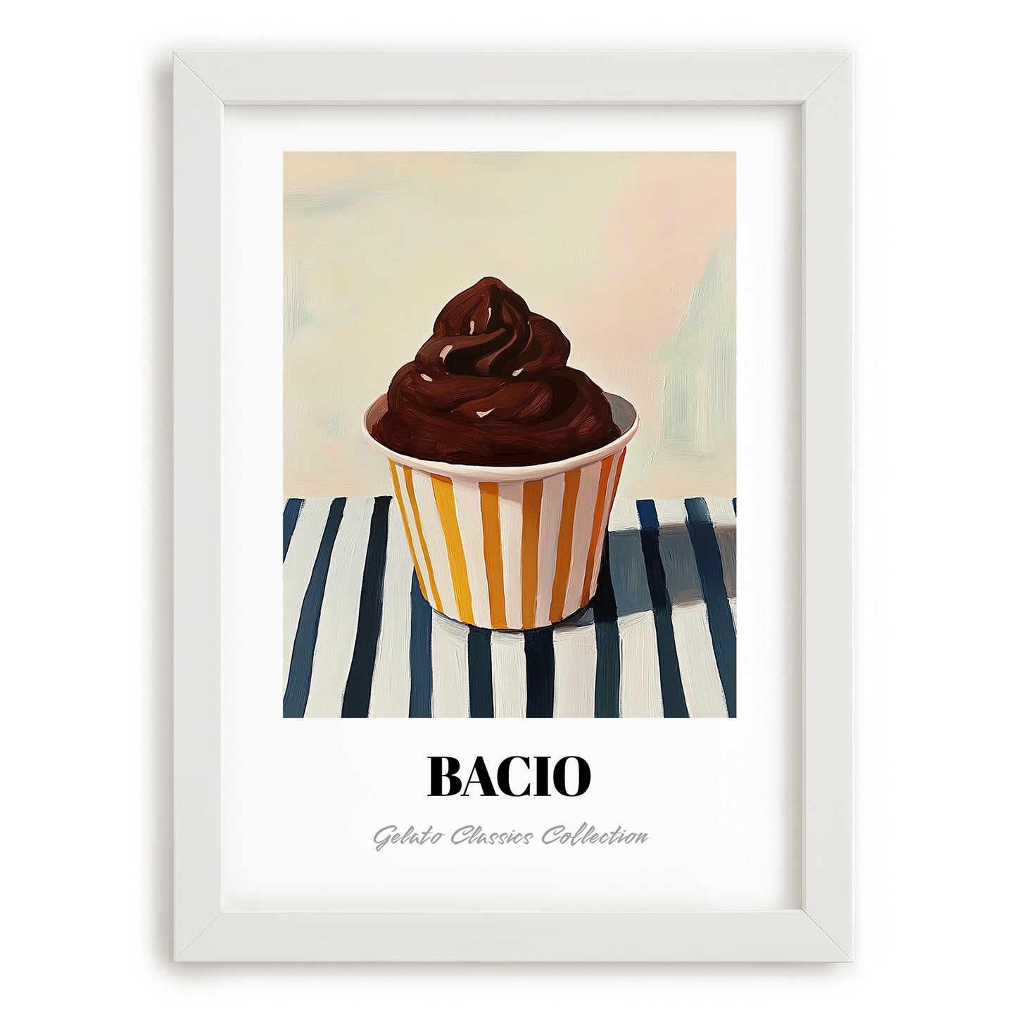 Bacio – on Striped Tablecloth, Gelato Painting, placed in minimal white frame