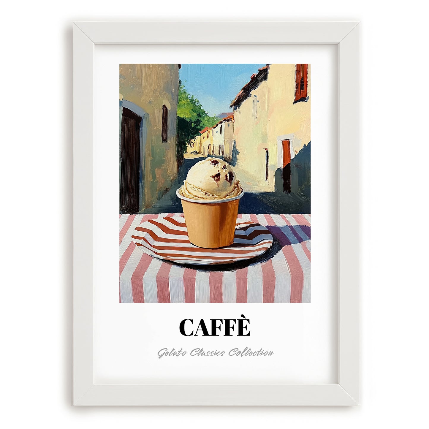 Gelato Caffe – Italian Street Café Scene, Gelato Illustration, placed in minimal white frame