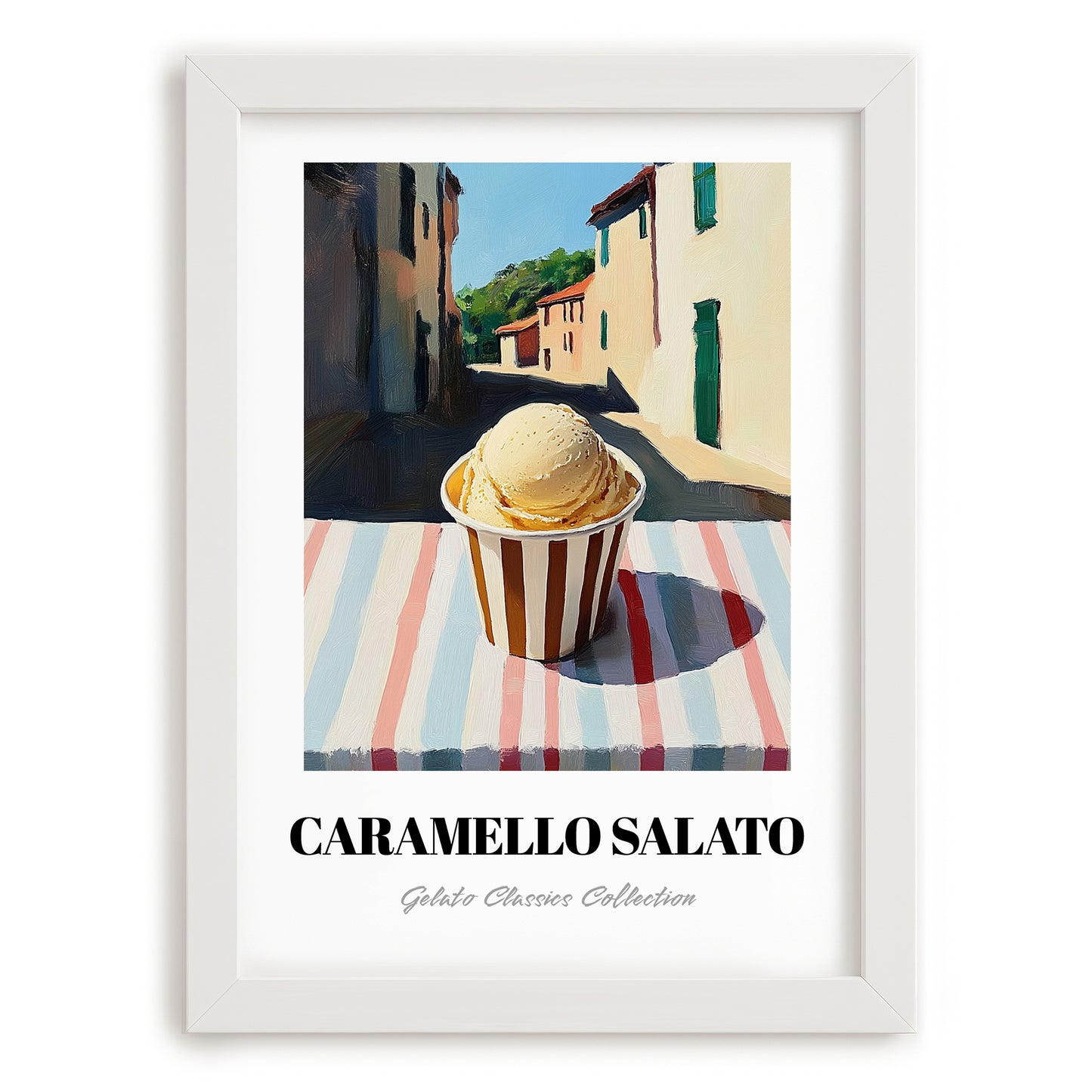 Gelato Caramello Salato – Italian Street Café Scene, Gelato Illustration, placed in minimal white frame