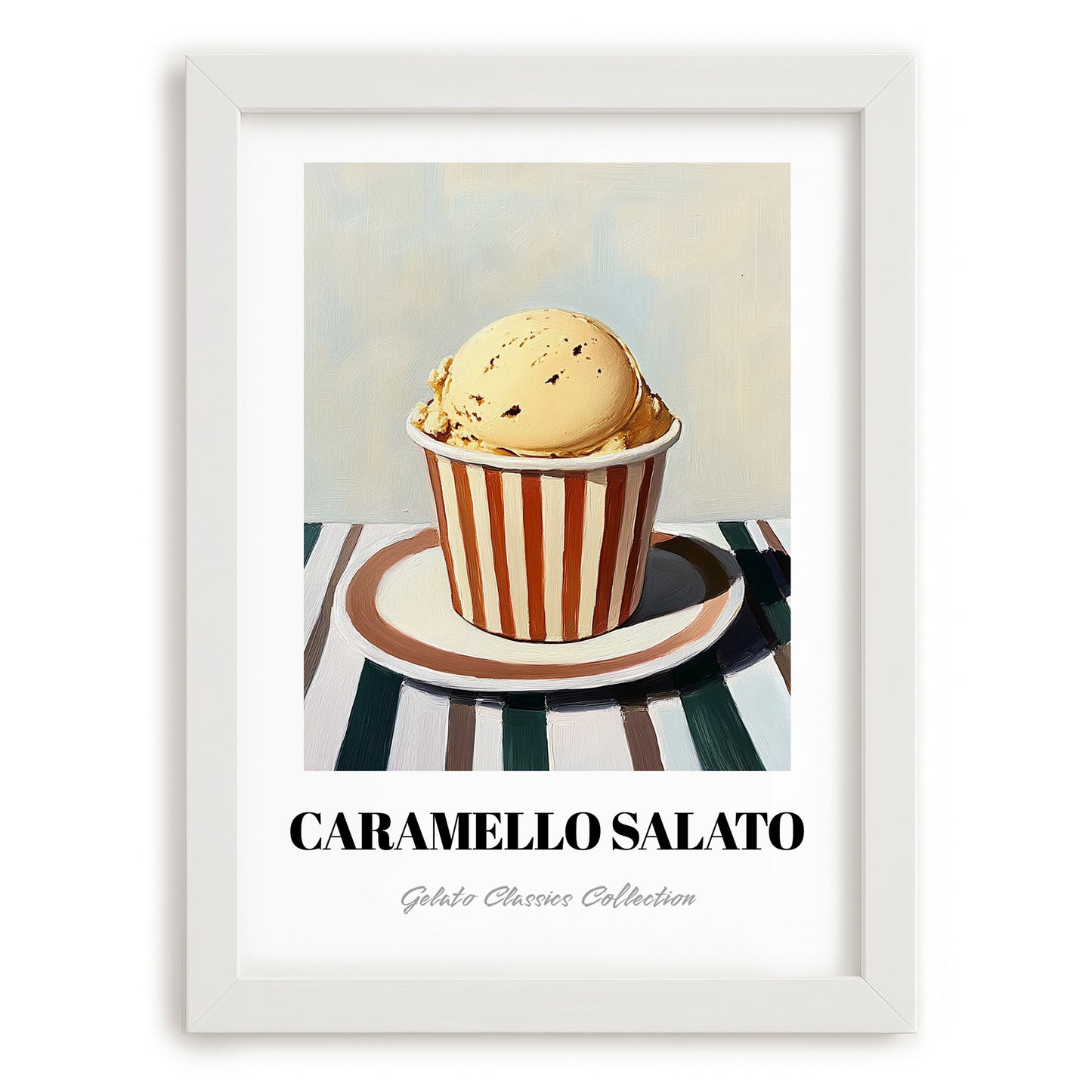 Caramello Salato – on Striped Tablecloth, Gelato Still Life, placed in minimal white frame