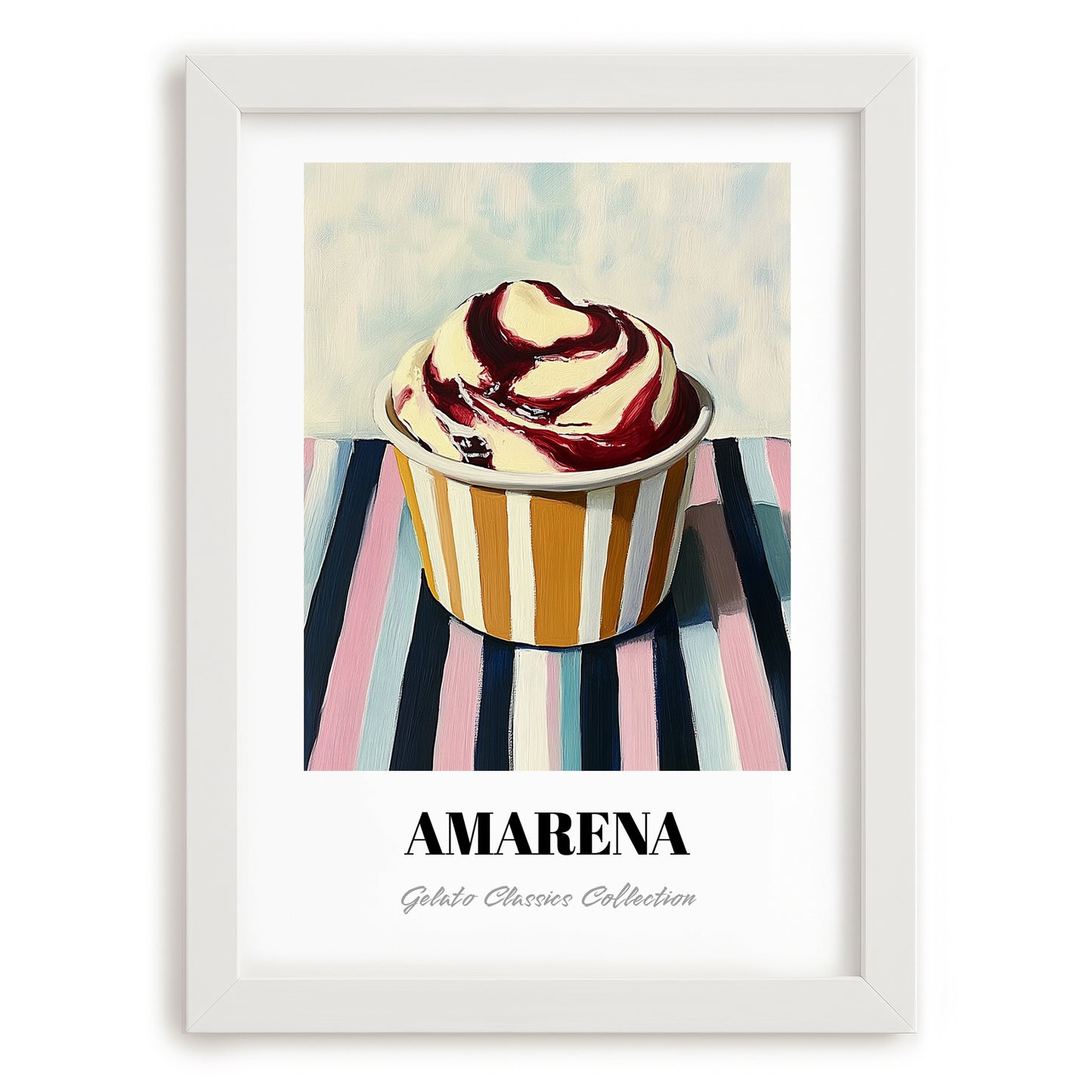 Amarena – on Striped Tablecloth, Gelato Print, placed in minimal white frame