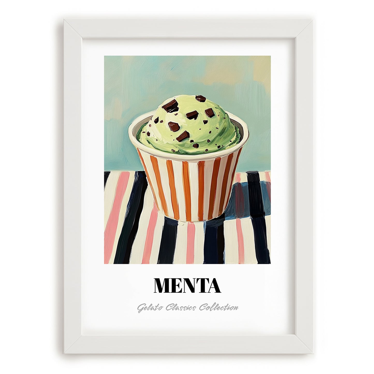 Menta – on Striped Tablecloth, Gelato Poster, placed in minimal white frame