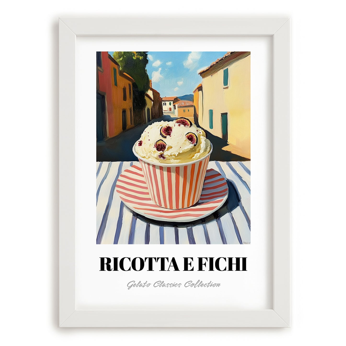 Gelato Ricotta E Fichi – Italian Café on the Corner, Gelato Still Life, placed in minimal white frame