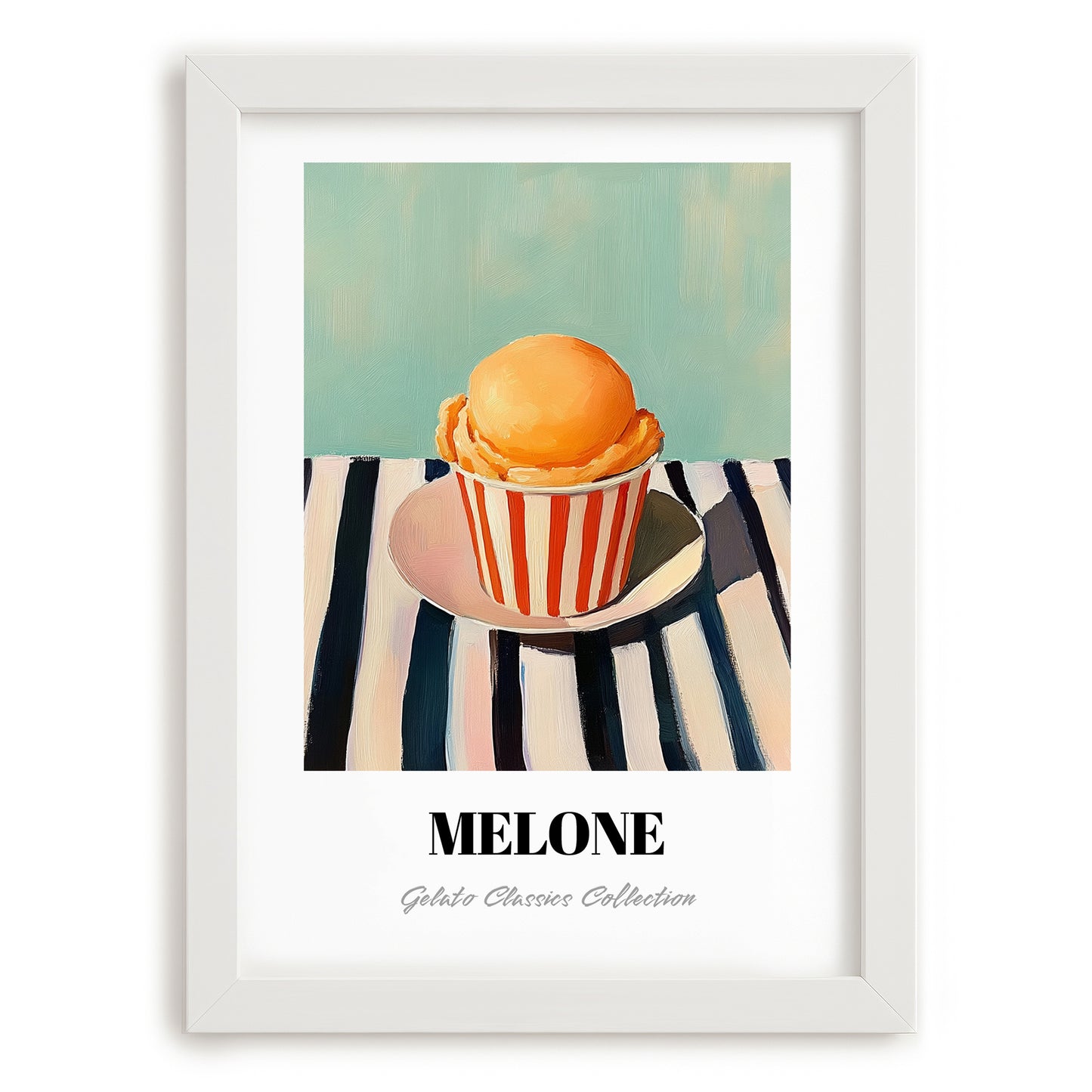 Melone – on Striped Tablecloth, Gelato Wall Decor, placed in minimal white frame