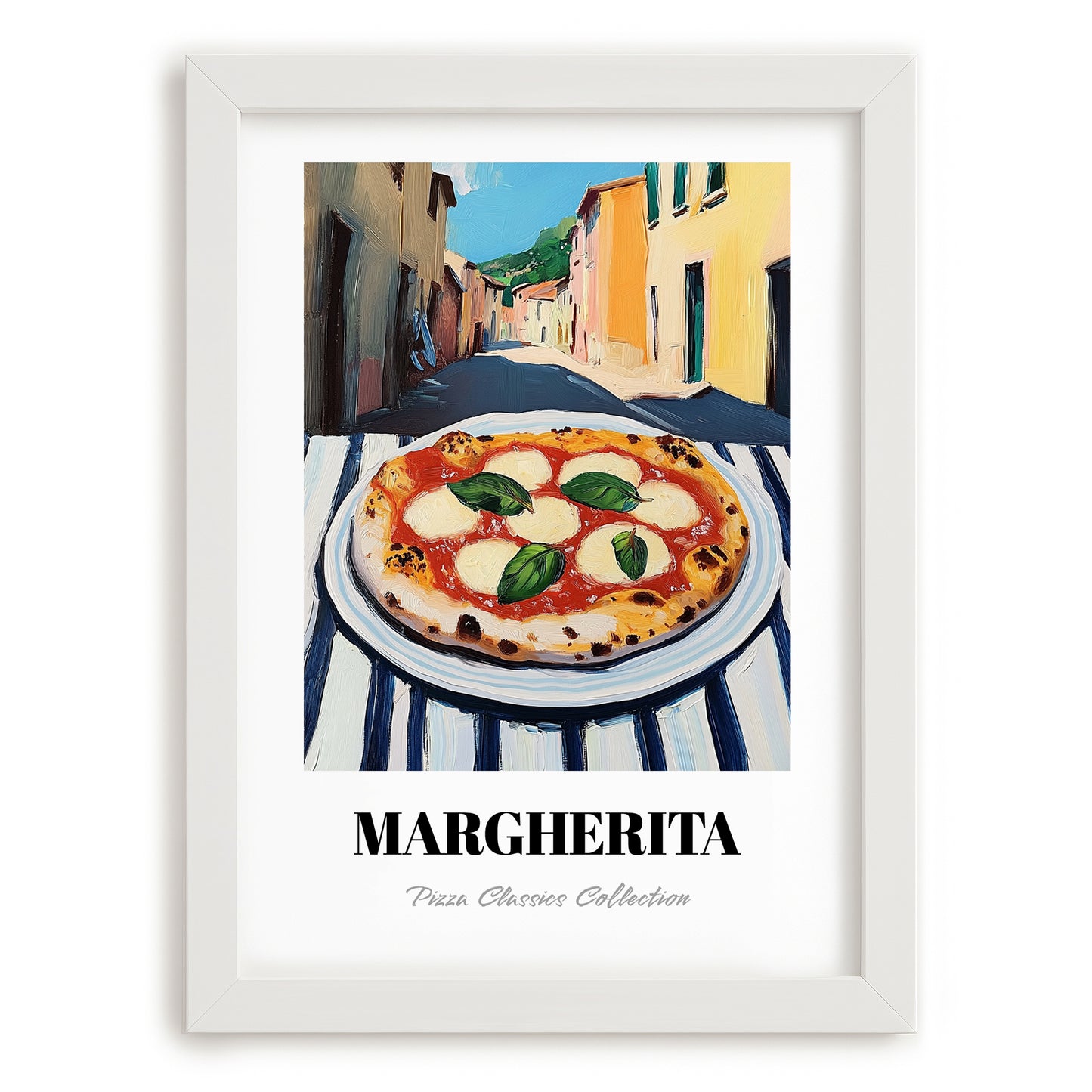 Pizza Margherita – Italian Urban Café Scene, Pizza Still Life, placed in minimal white frame