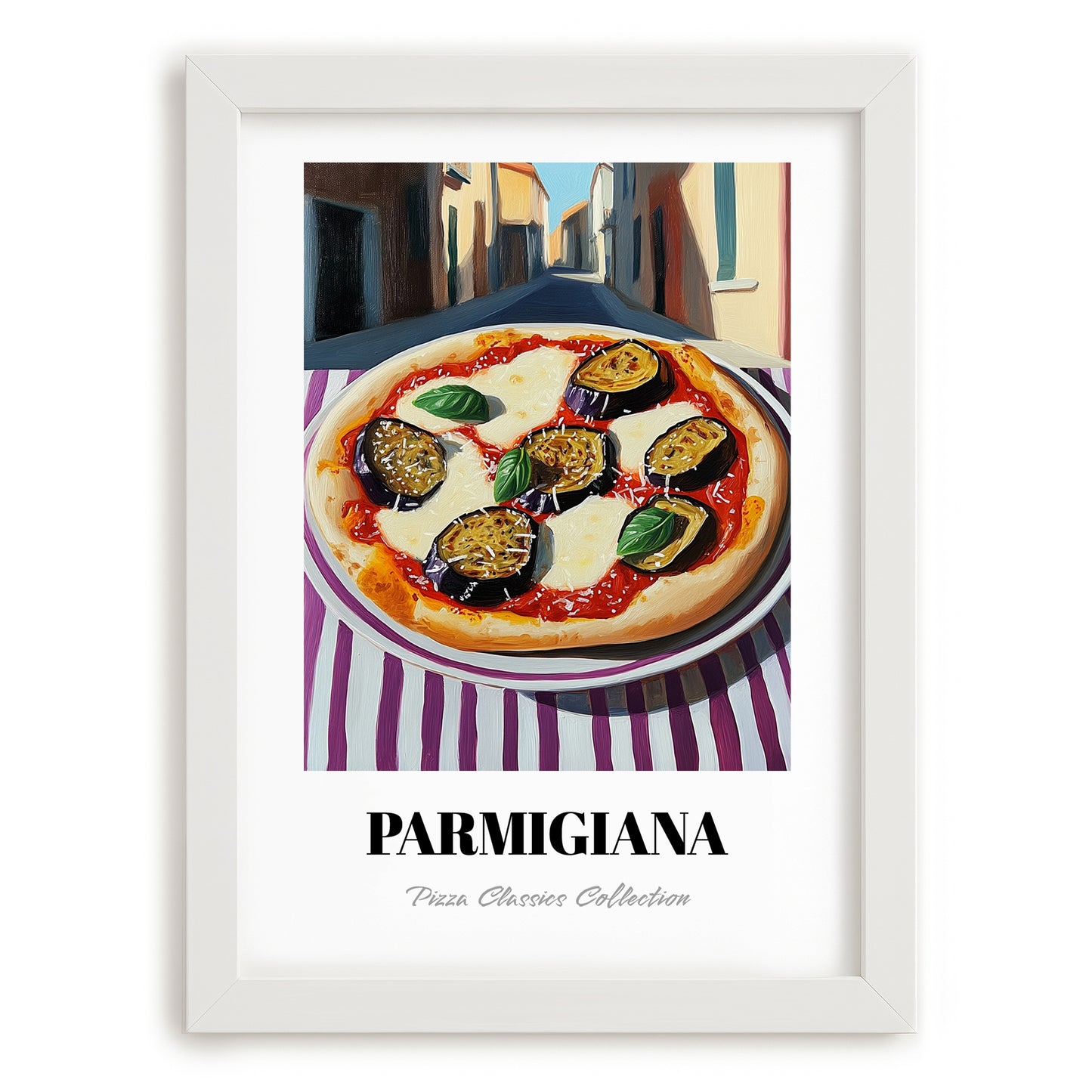 Pizza Parmigiana – Italian Café on the Corner, Pizza Painting, placed in minimal white frame