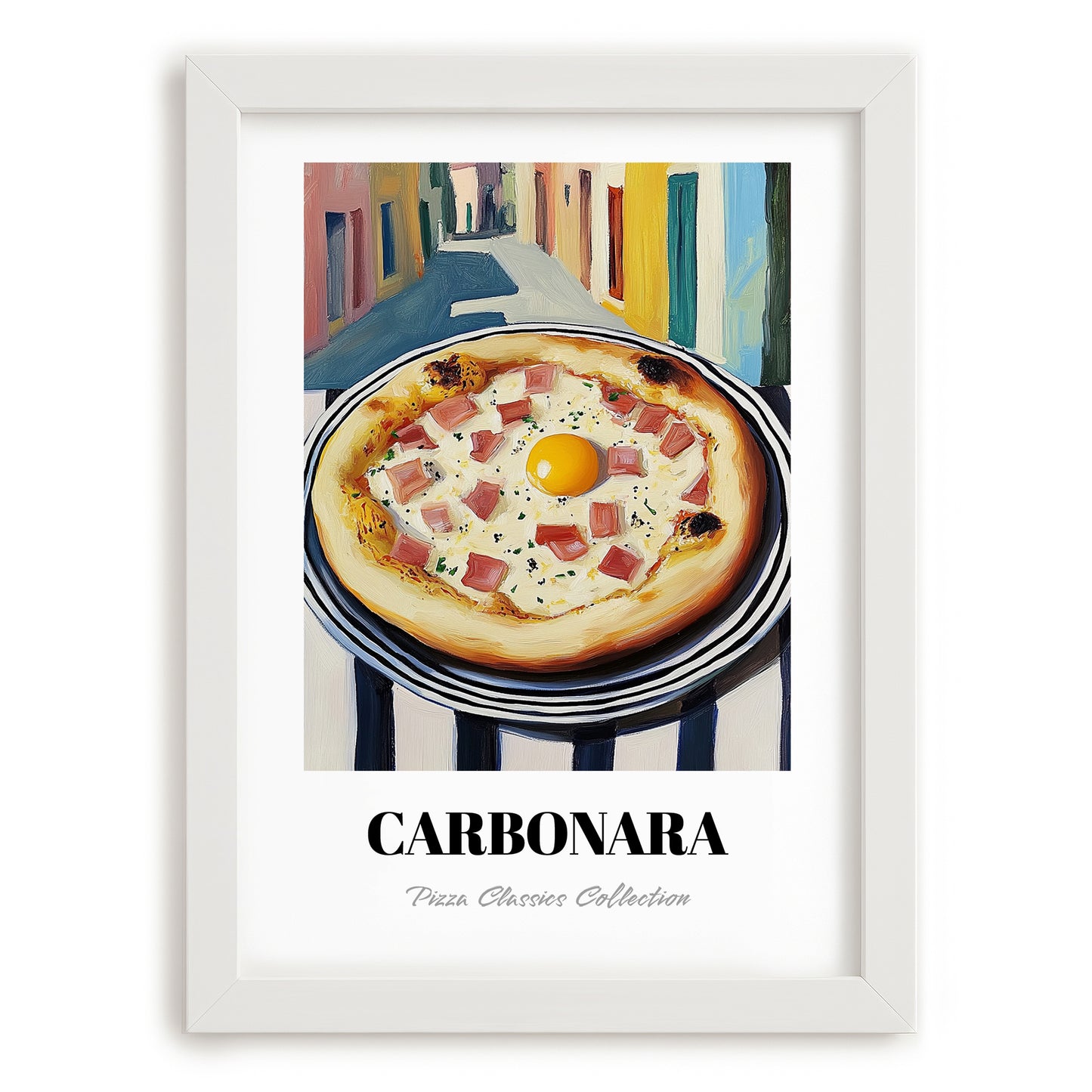 Pizza Carbonara – Italian Urban Café Scene, Pizza Illustration, placed in minimal white frame