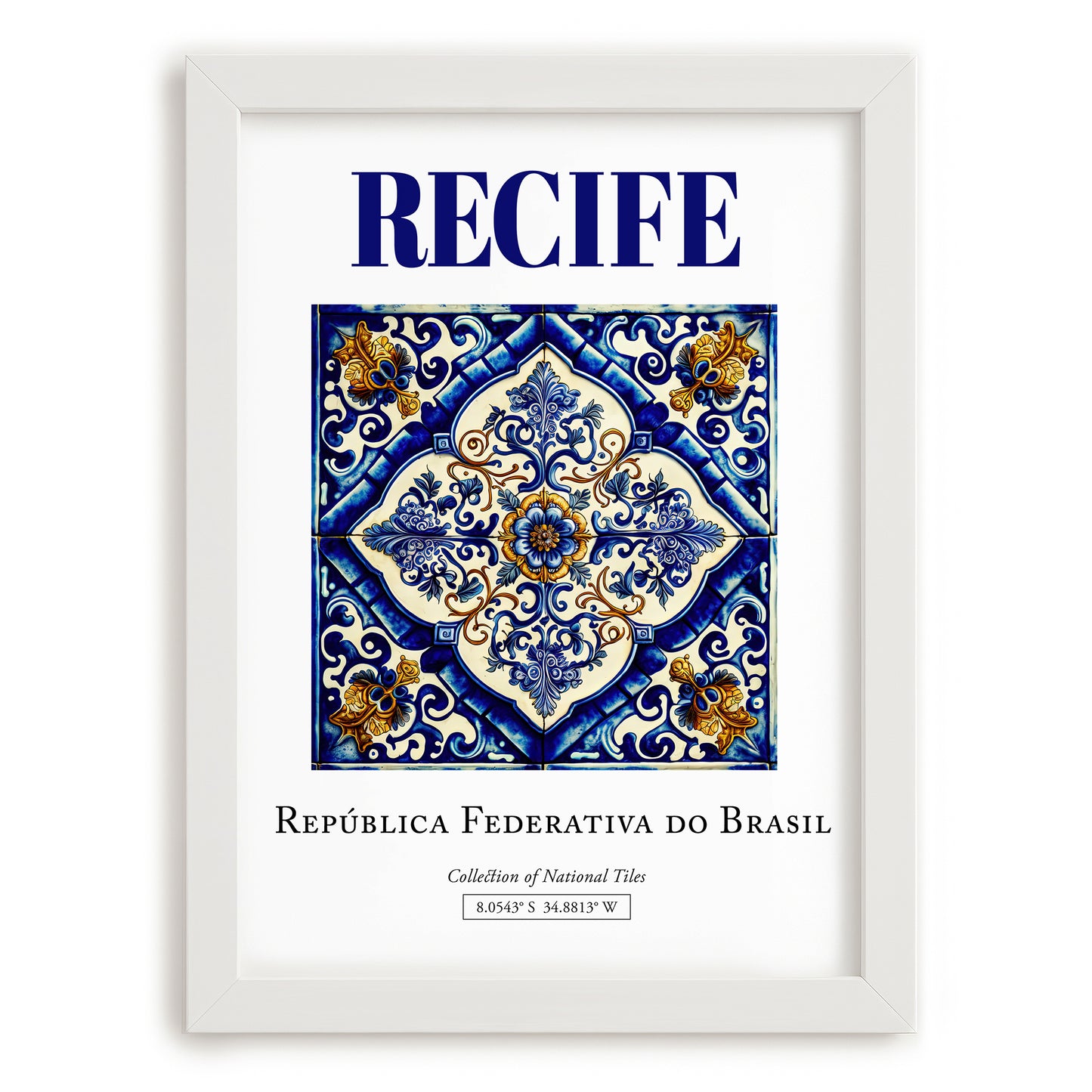 Recife, Brasil – Travel Destination Art, placed in minimal white frame