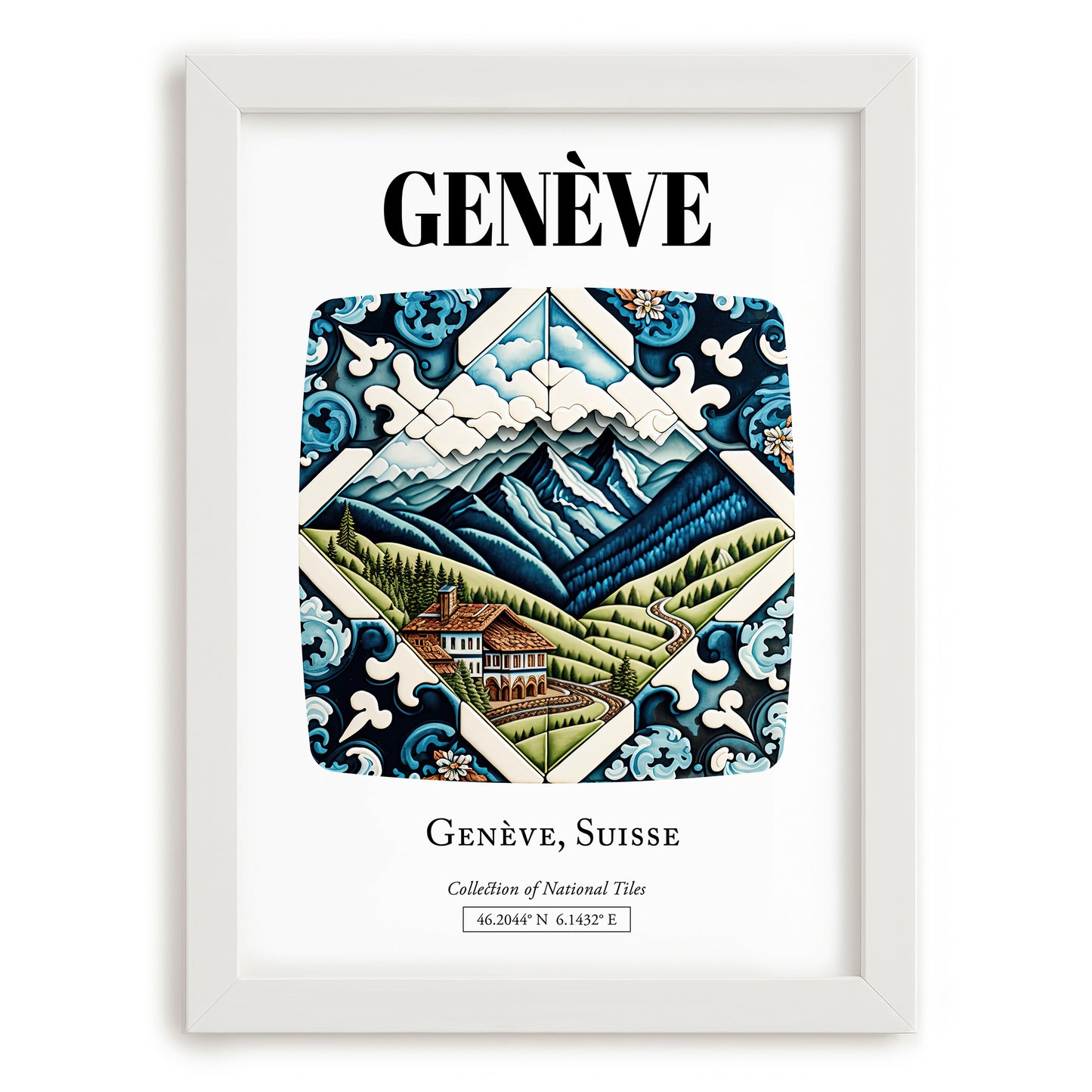 Genève, Switzerland – Vintage Travel Poster, placed in minimal white frame