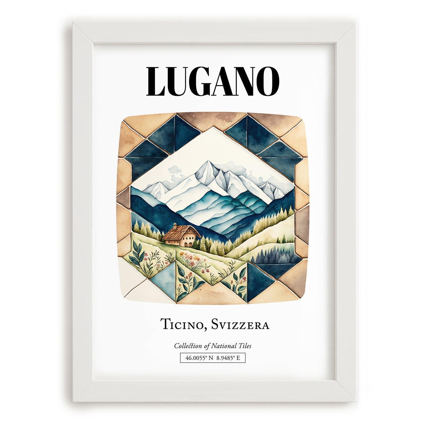 Lugano, Switzerland – Travel Wall Art, placed in minimal white frame