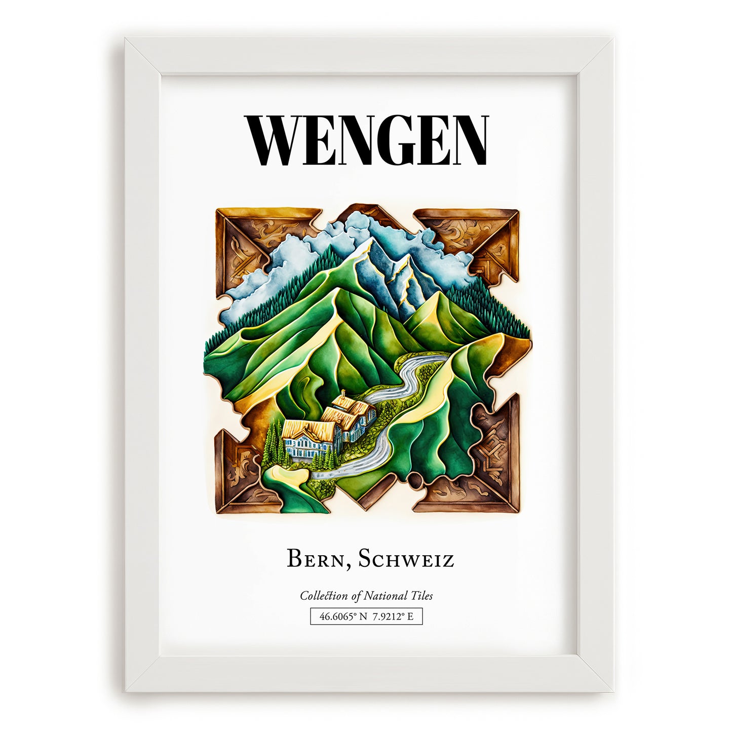 Wengen, Switzerland – Travel Poster, placed in minimal white frame