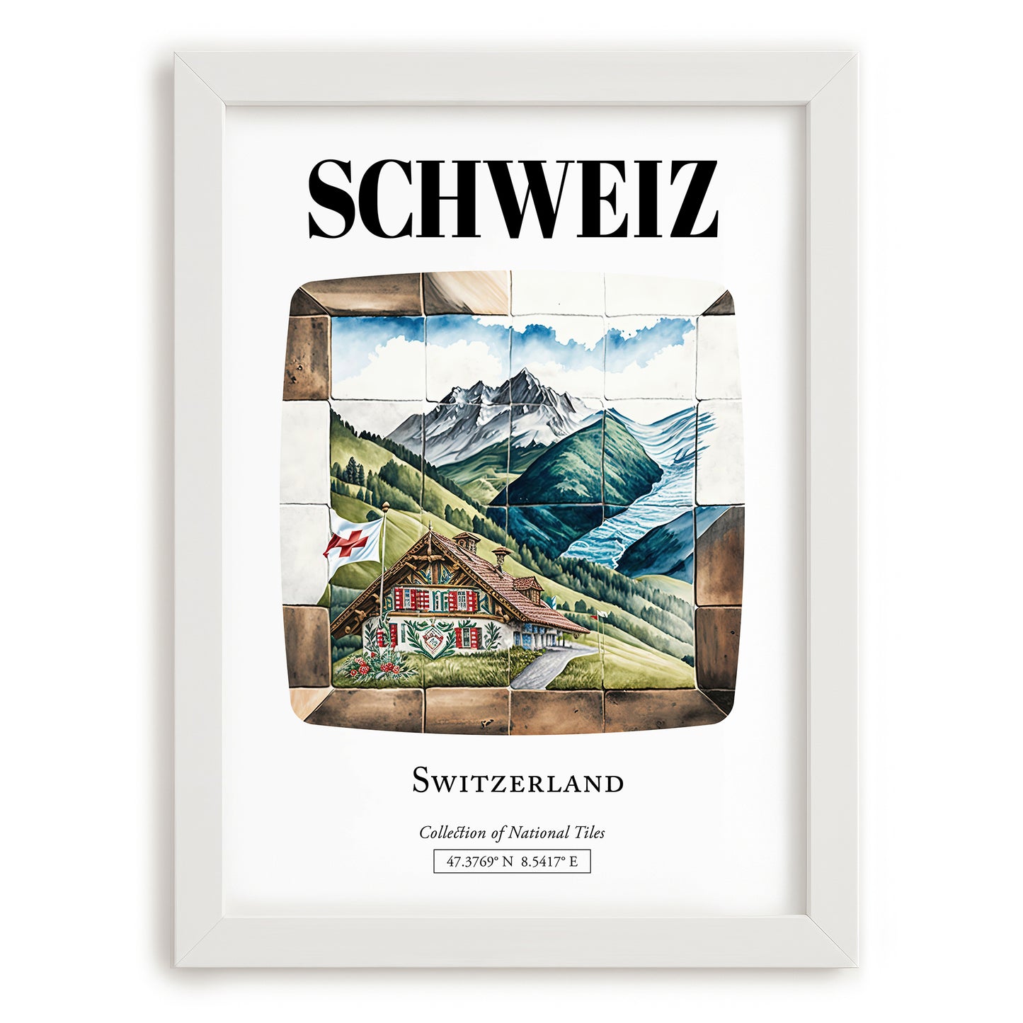 Schweiz, Switzerland – Travel Poster, placed in minimal white frame