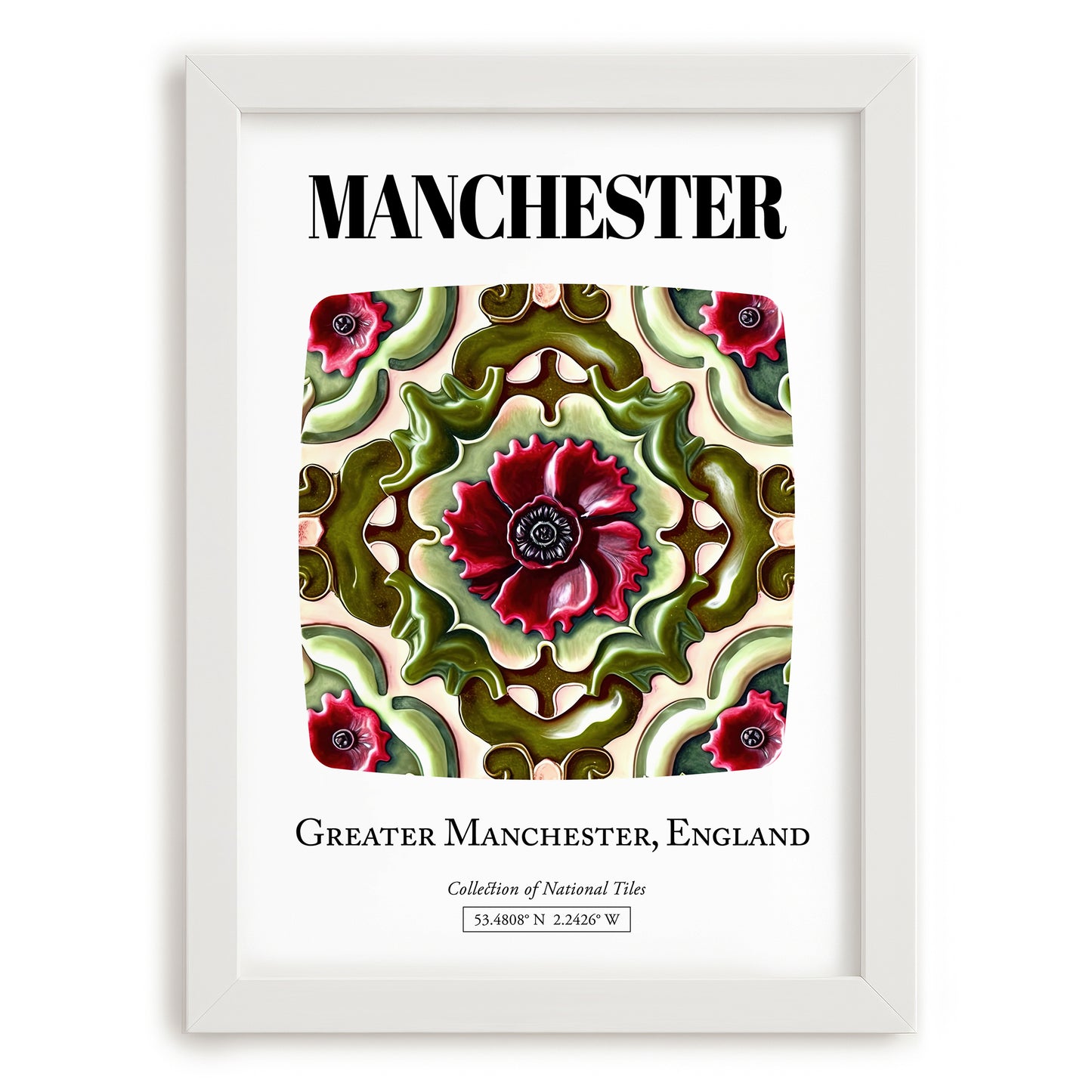 Manchester, England – Illustrated Travel Poster, placed in minimal white frame