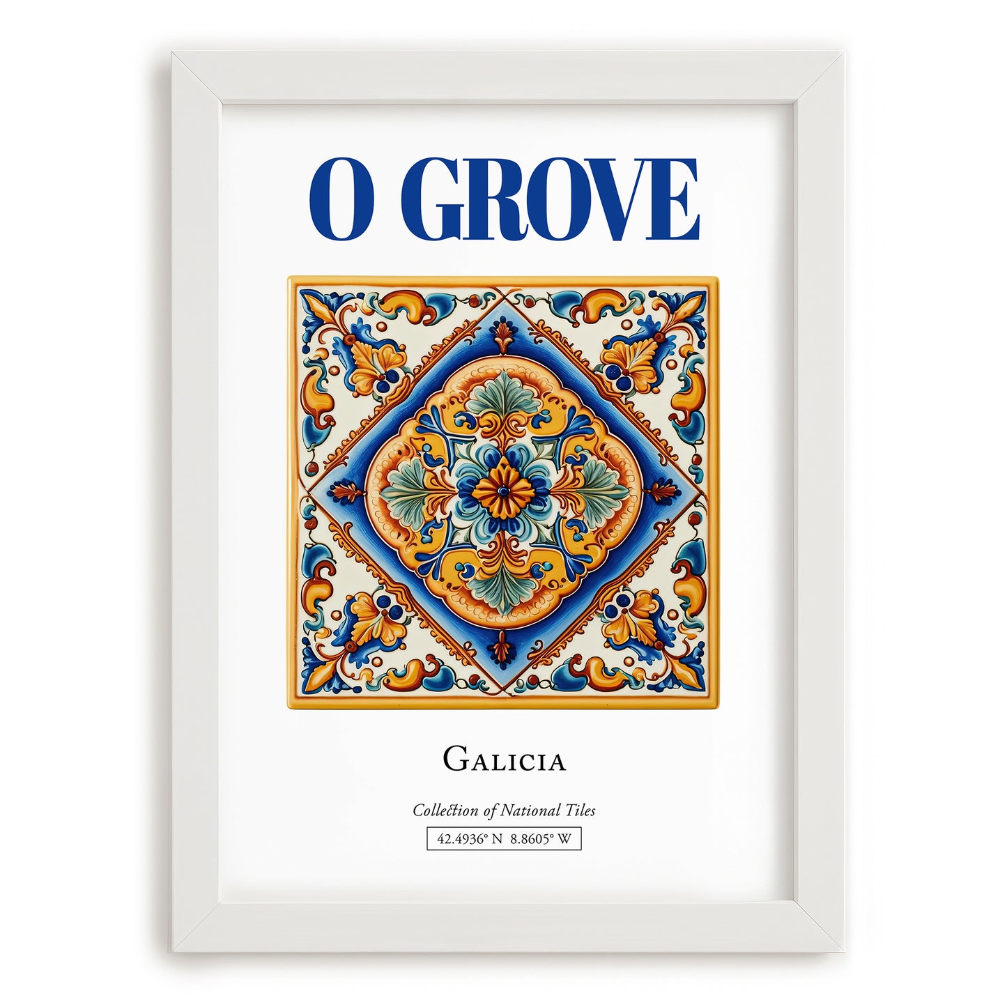 O Grove, Spain – Away From Home Poster, placed in minimal white frame