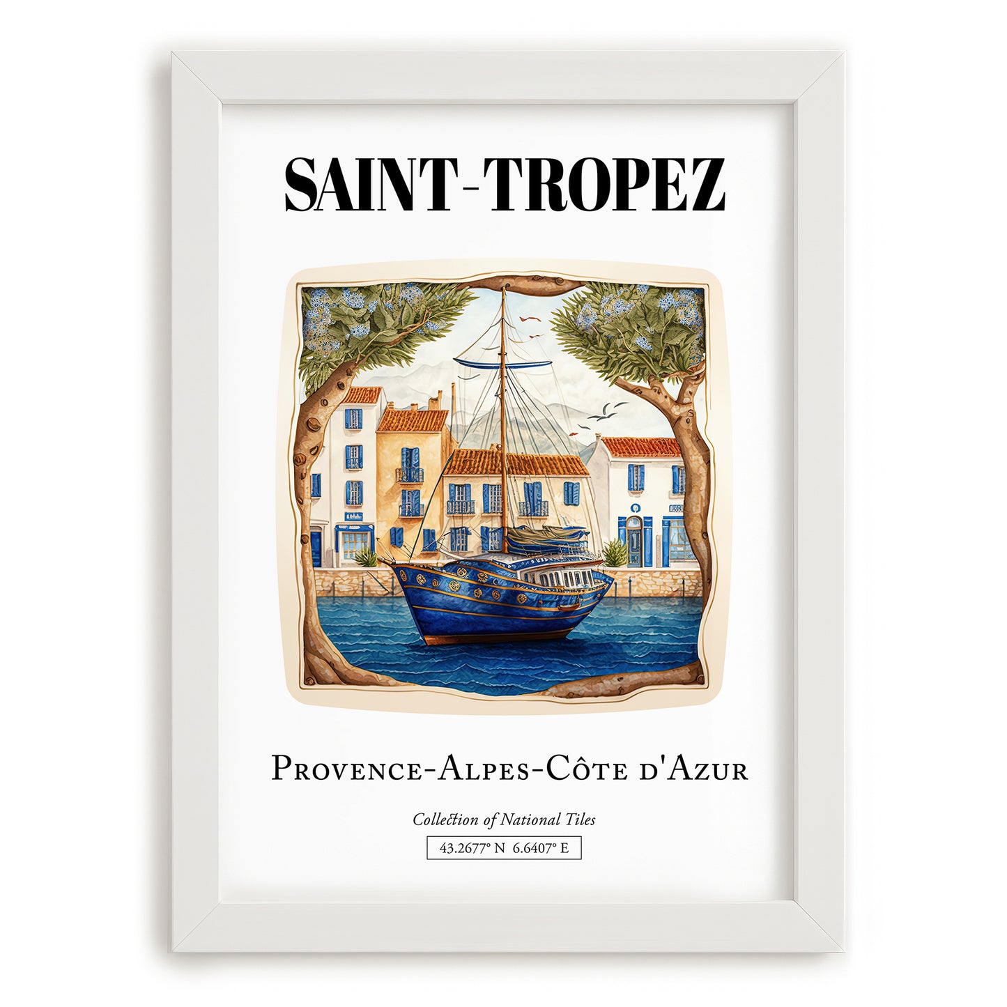 Saint-tropez, France – Travel Wall Decor, placed in minimal white frame