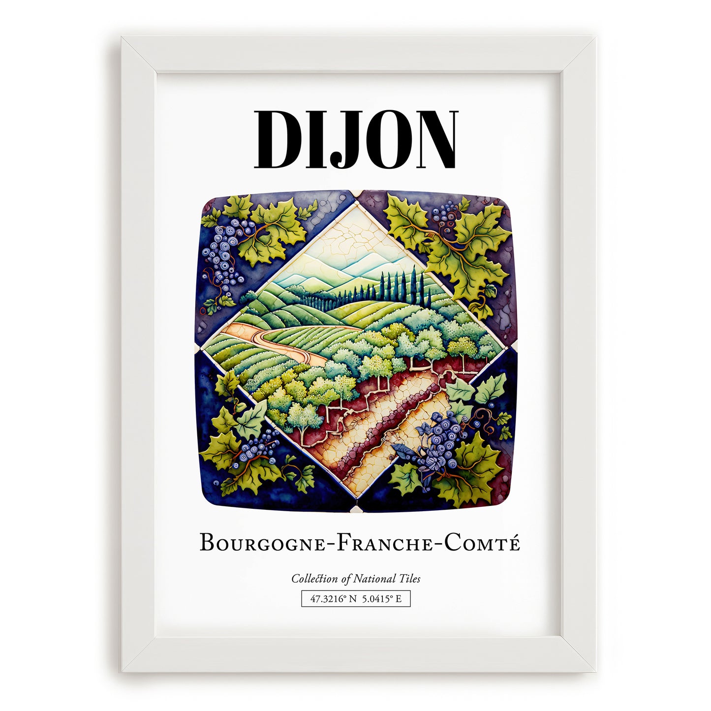 Dijon, France – Travel Poster, placed in minimal white frame