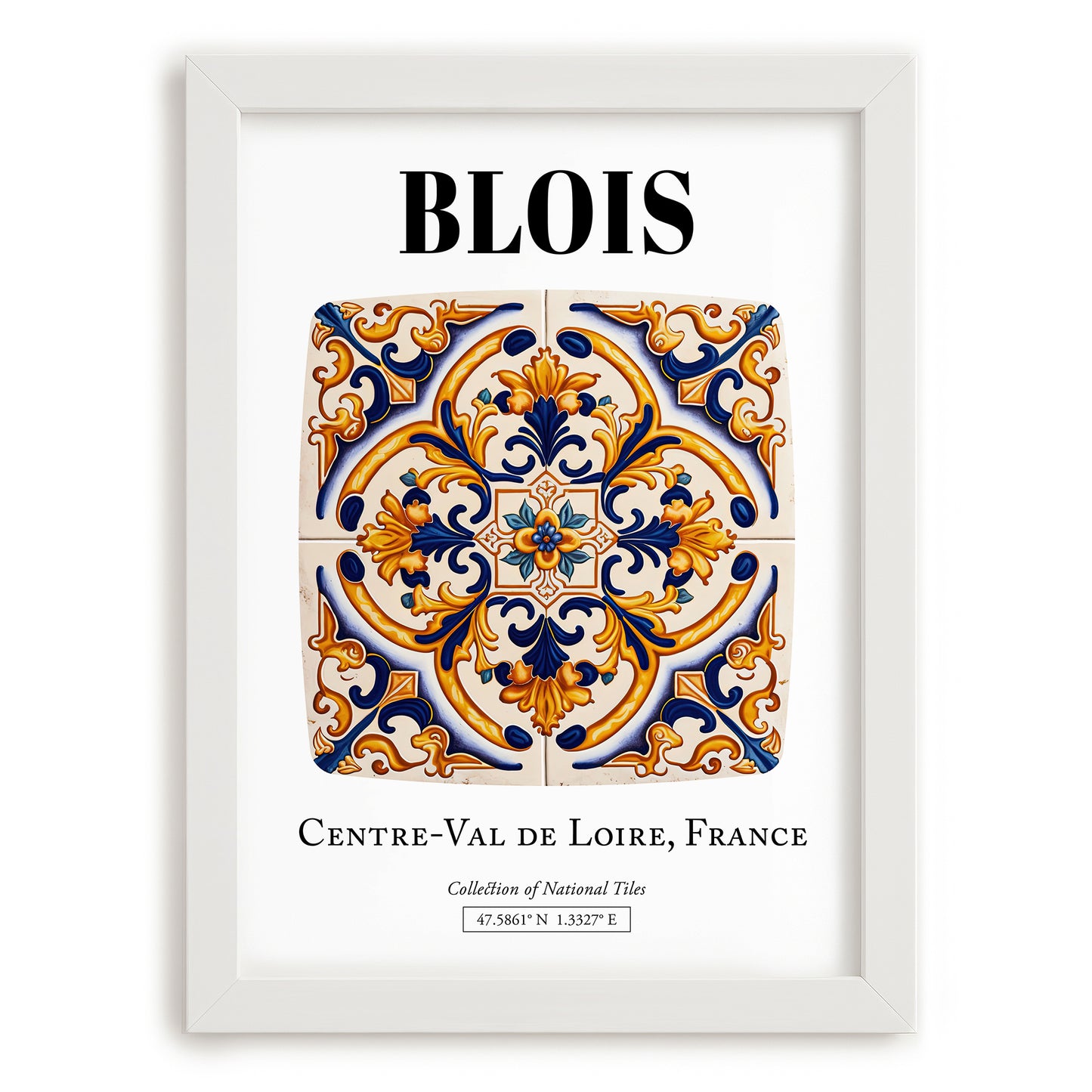 Blois, France – Travel Poster, placed in minimal white frame