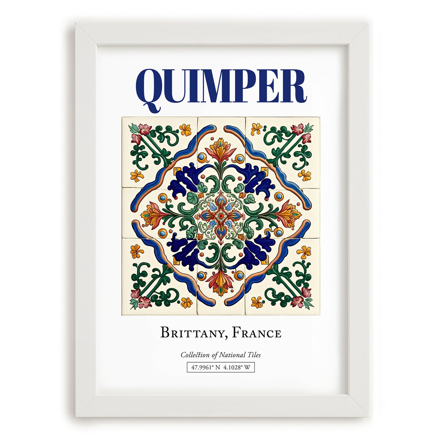 Quimper, France – Retro Travel Poster, placed in minimal white frame