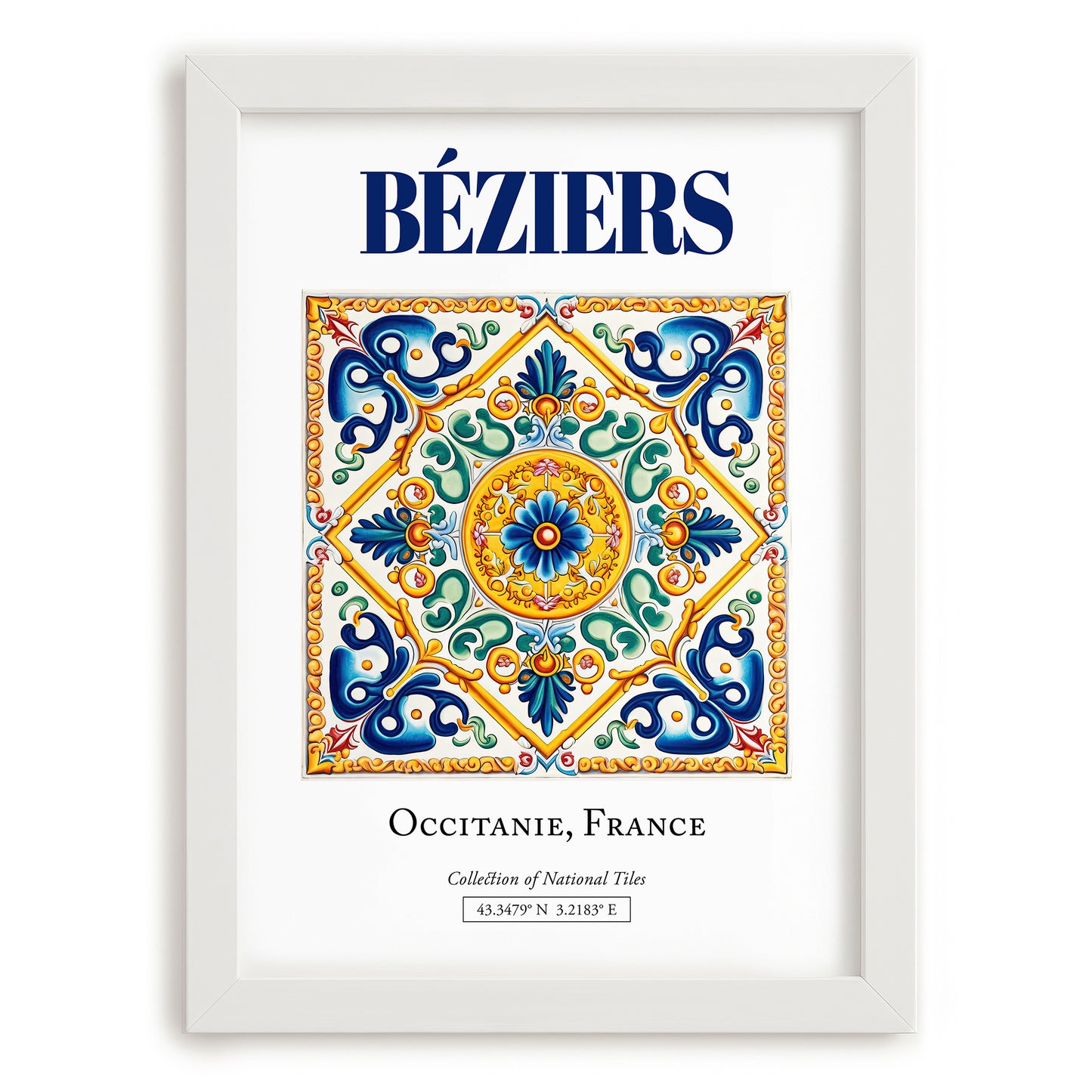 Béziers, France – Travel Poster, placed in minimal white frame