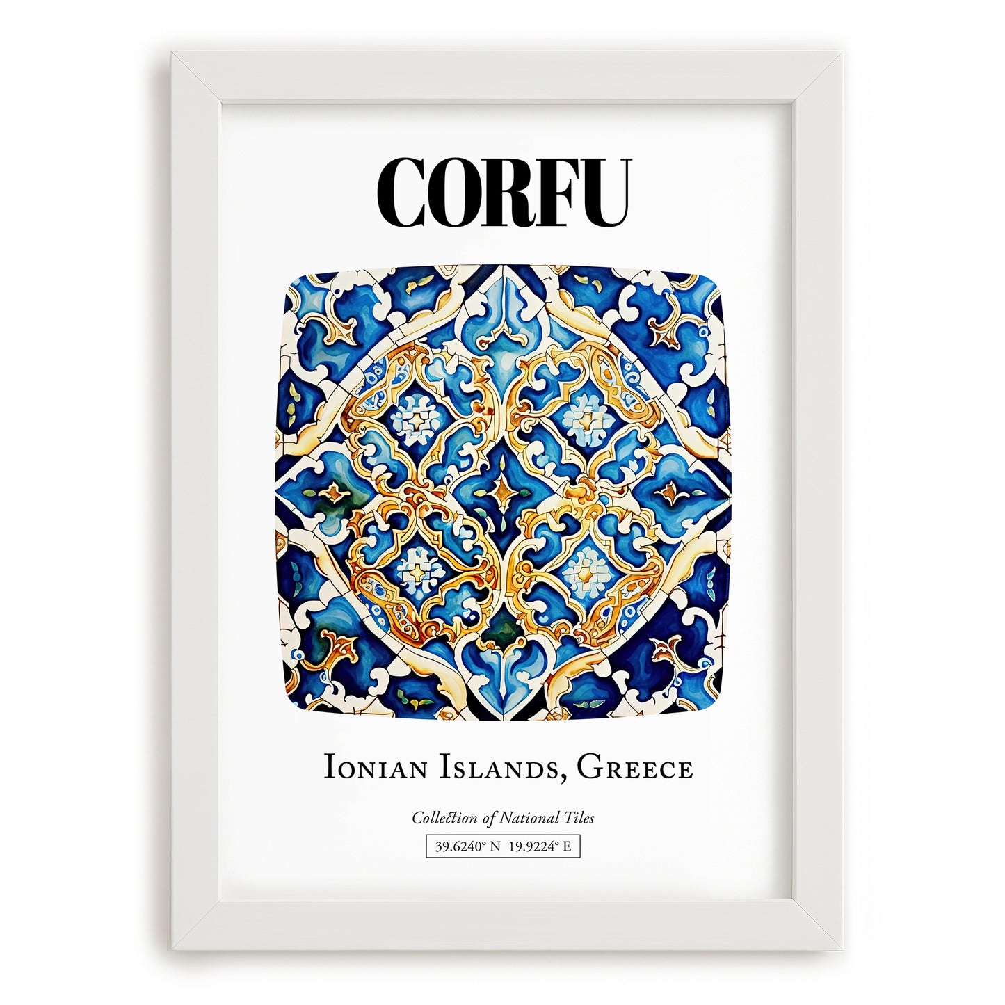 Corfu, Greece – Travel Print, placed in minimal white frame