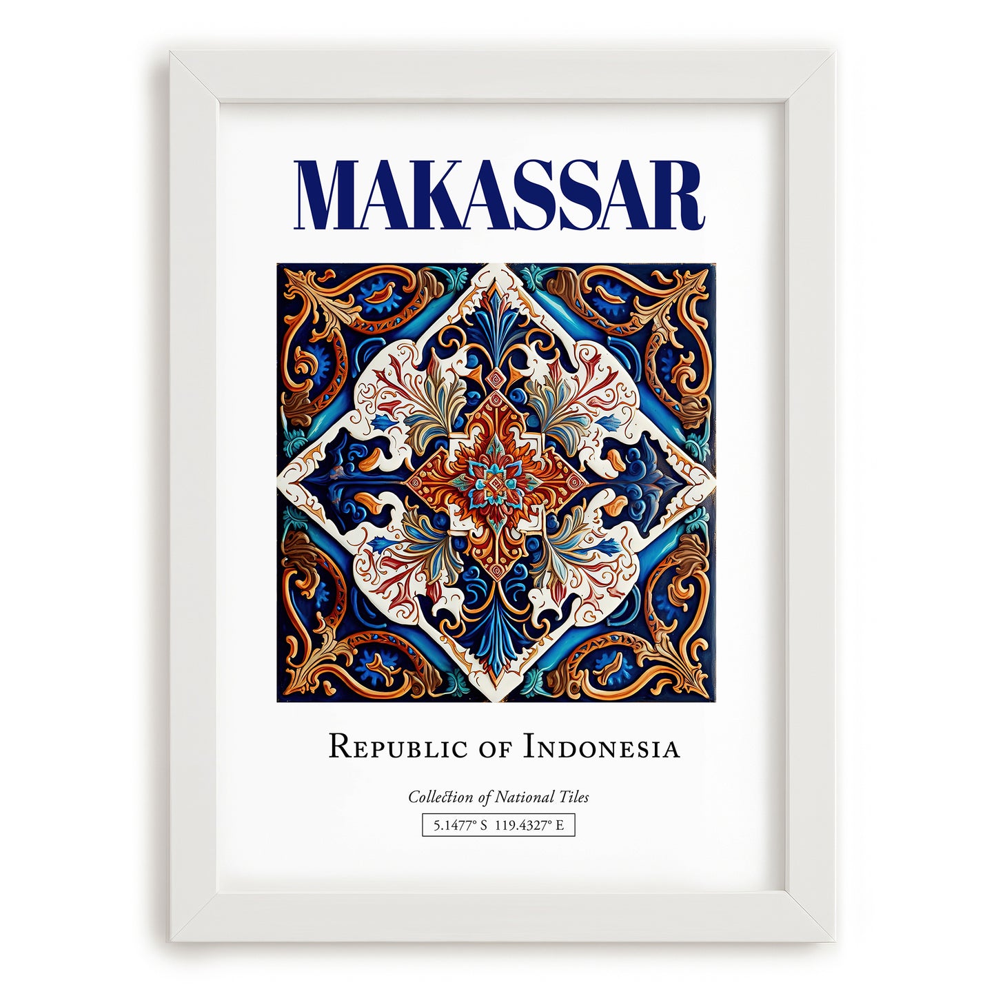 Makassar, Indonesia – Travel Destination Art, placed in minimal white frame