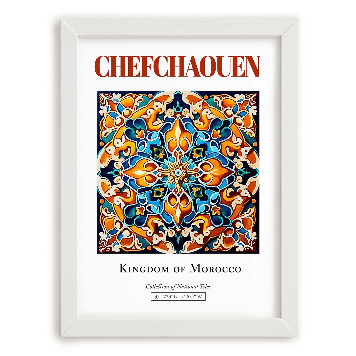 Chefchaouen, Morocco – Cityscape Wall Art, placed in minimal white frame