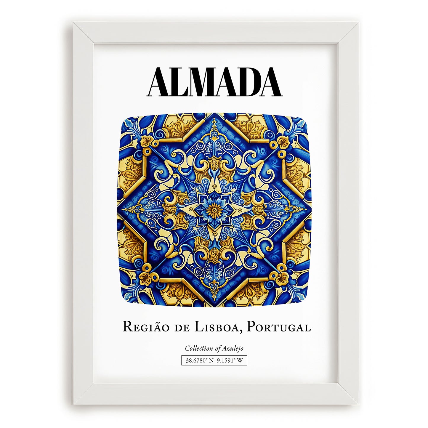 Almada, Portugal – Travel Poster, placed in minimal white frame