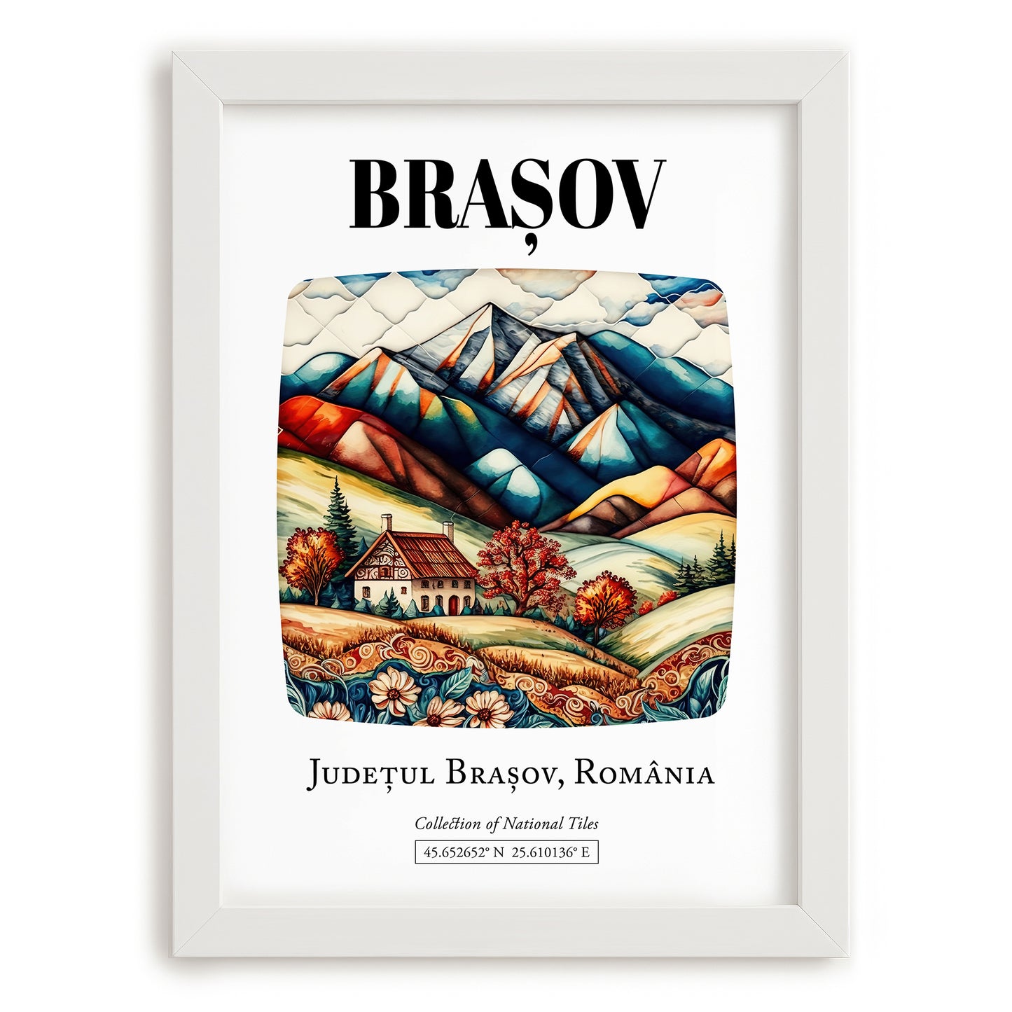 Brașov, Romania – Travel Print, placed in minimal white frame