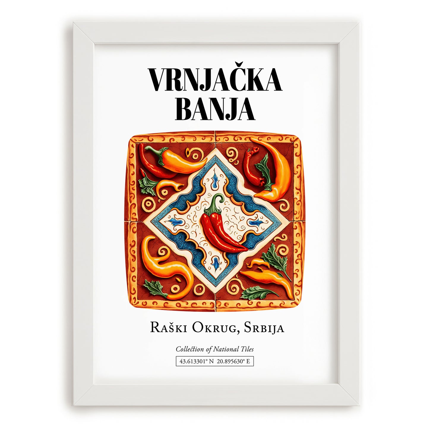 Vrnjačka Banja, Serbia – Retro Travel Poster, placed in minimal white frame