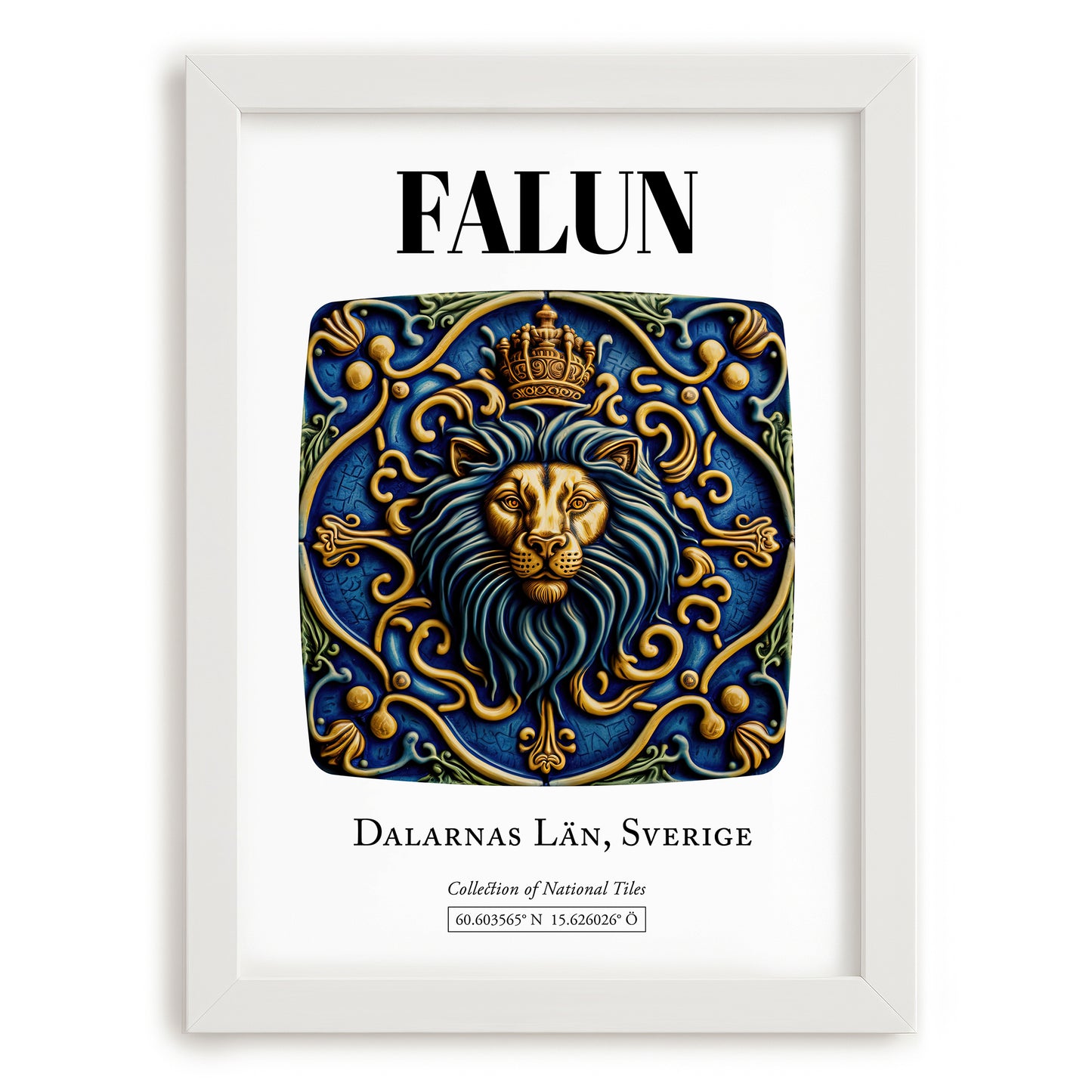 Falun, Sweden – Travel Poster, placed in minimal white frame
