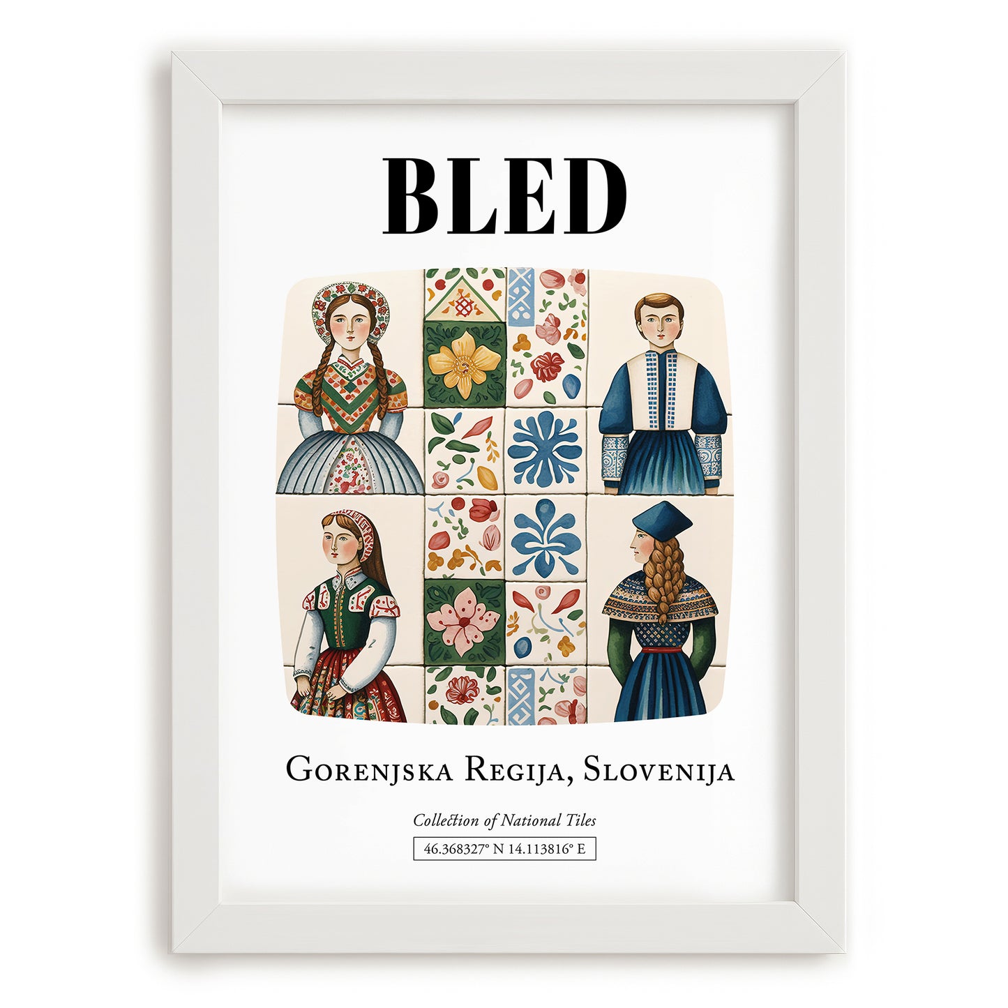 Bled, Slovenia – Minimalist Travel Print, placed in minimal white frame