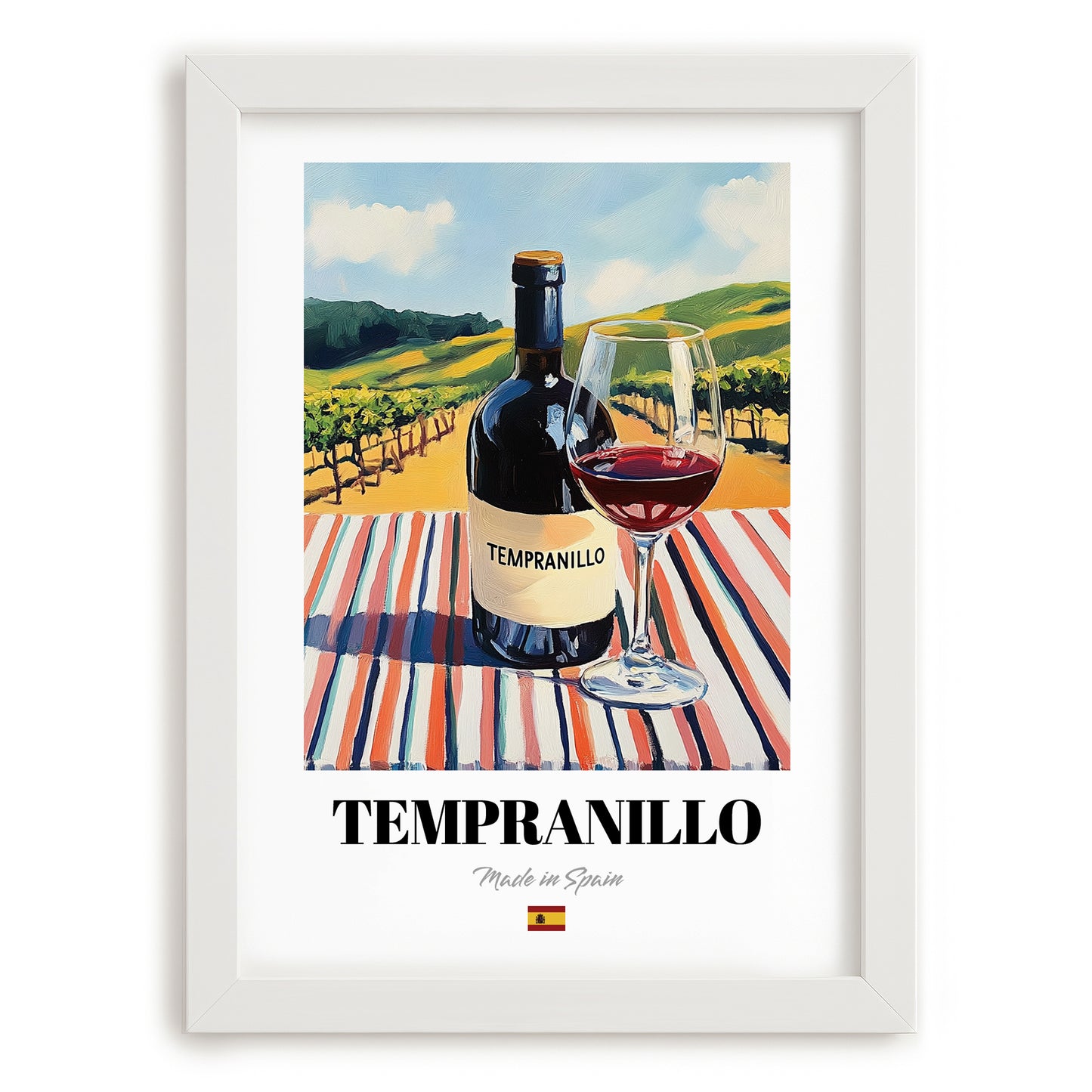 Tempranillo – Spanish Red Wine, Wine Bar Art, placed in minimal white frame