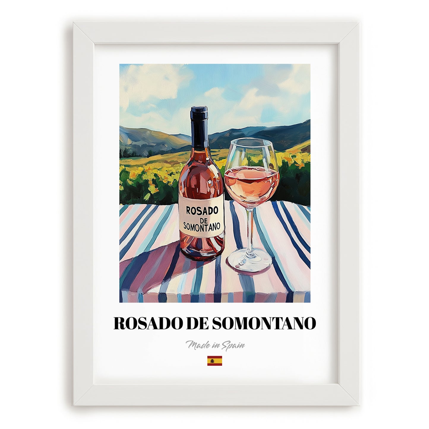 Rosado de Somontano – Spanish Rose Wine, Bodega Painting, placed in minimal white frame