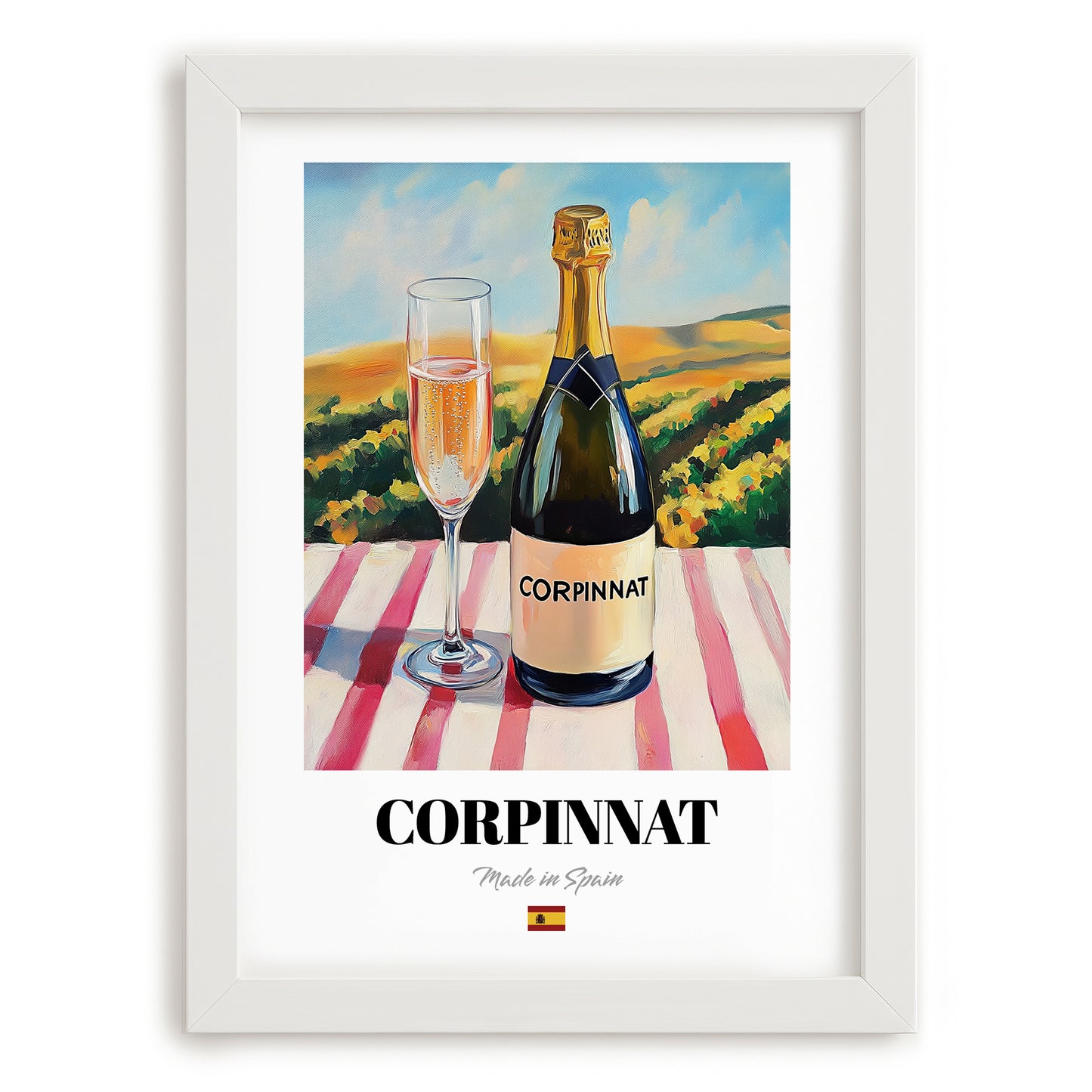 Corpinnat – Spanish Sparkling Wine, Wine Bar Wall Art, placed in minimal white frame
