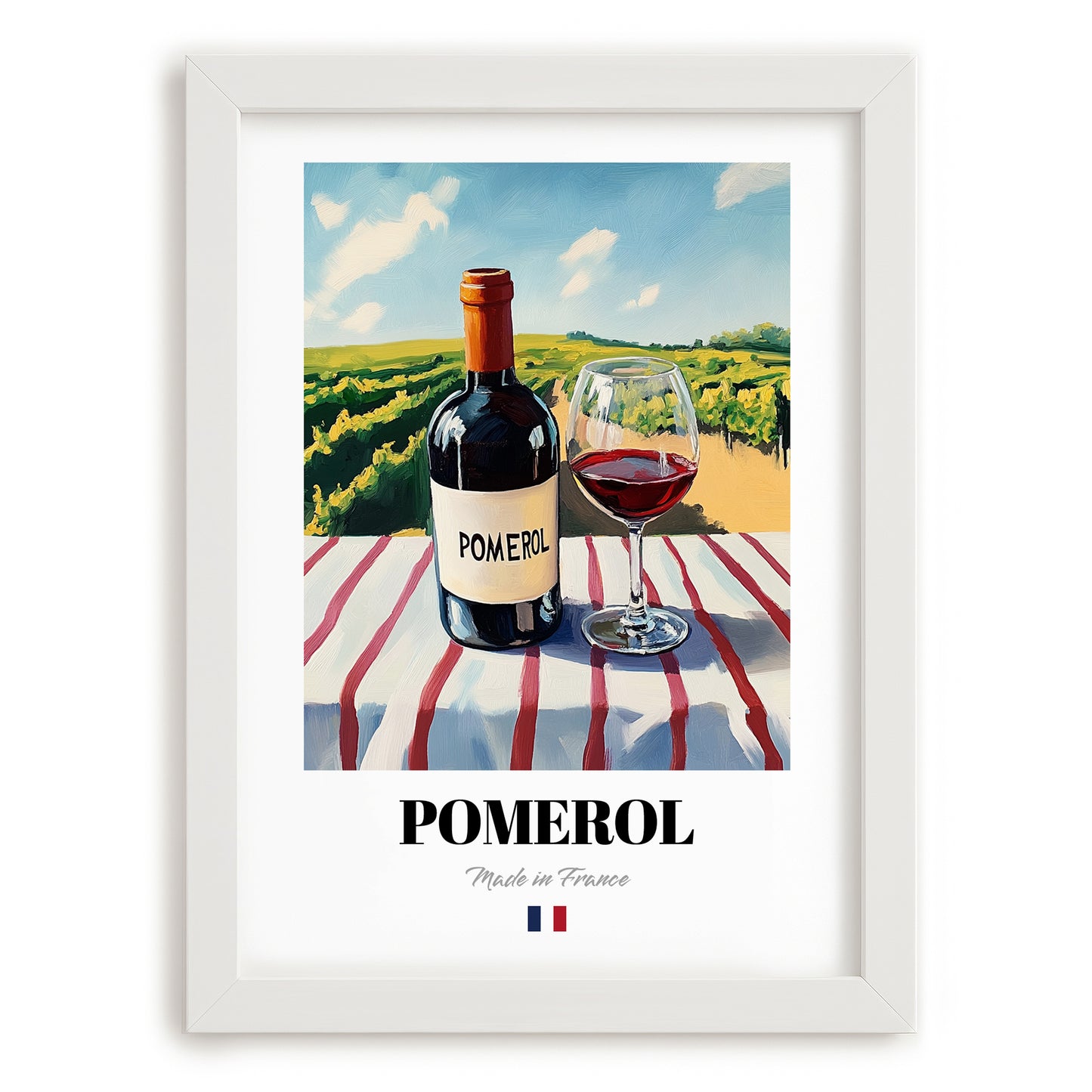 Pomerol – French Red Wine, Vinoteca Still Life, placed in minimal white frame
