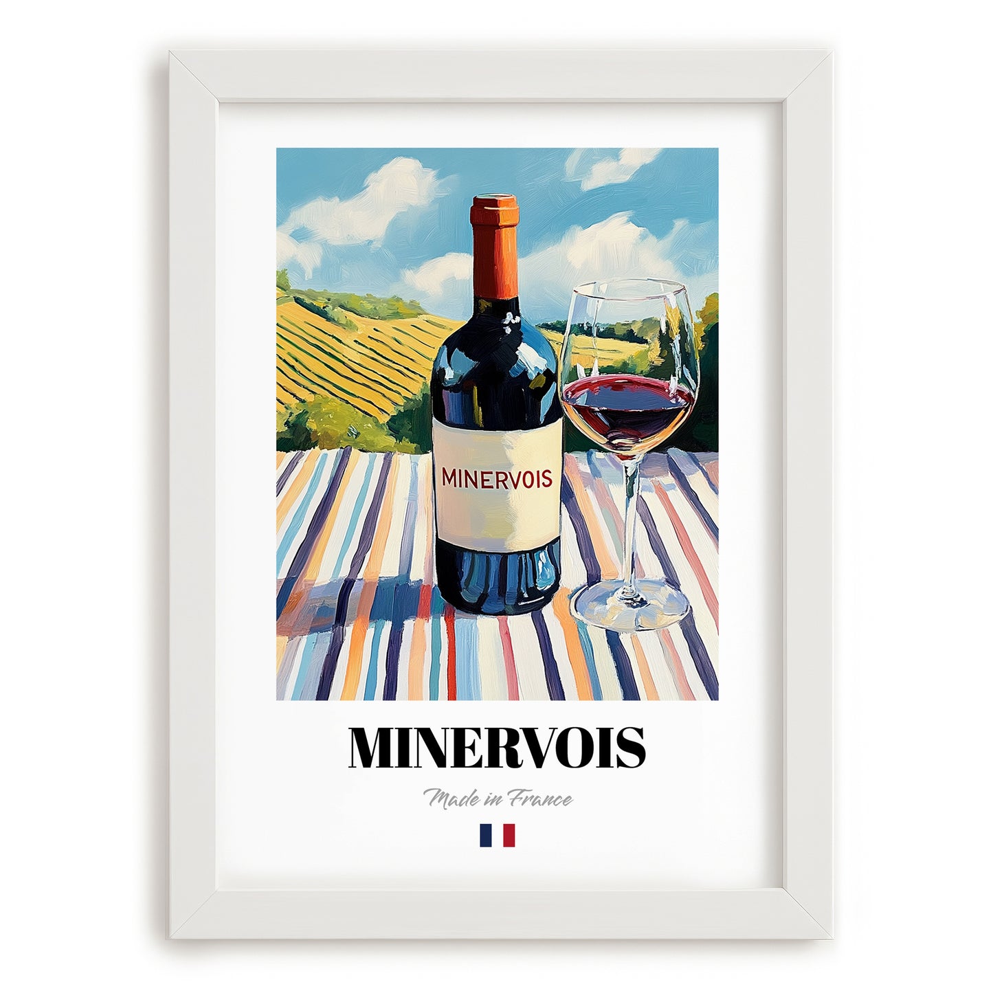 Minervois – French Red Wine, Wine Bar Print, placed in minimal white frame