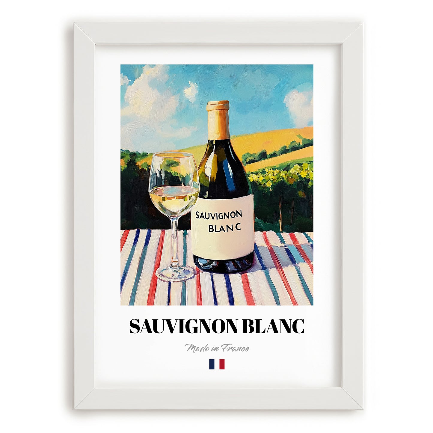 Sauvignon Blanc – French White Wine, Wine Bar Still Life, placed in minimal white frame