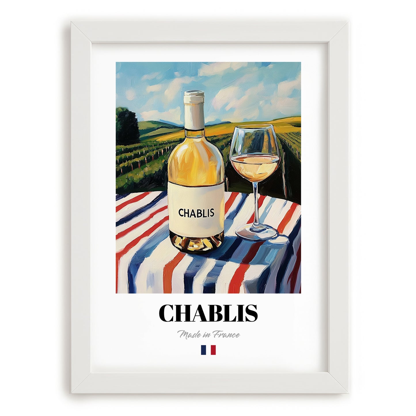 Chablis – French White Wine, Wine Bar Art, placed in minimal white frame