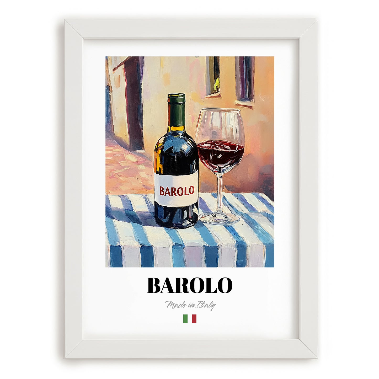 Barolo – Italian Red Wine, Vinoteca Still Life, placed in minimal white frame